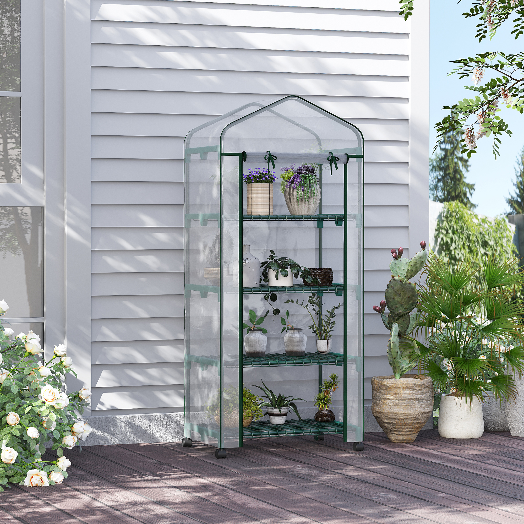 Outsunny 27" x 20" x 65" Portable Greenhouse with 4 Tier Shelves and Wheels, Outdoor Hot House Plant Flower Greenhouse, Steel Frame, Plastic Cover, Clear Aosom Canada