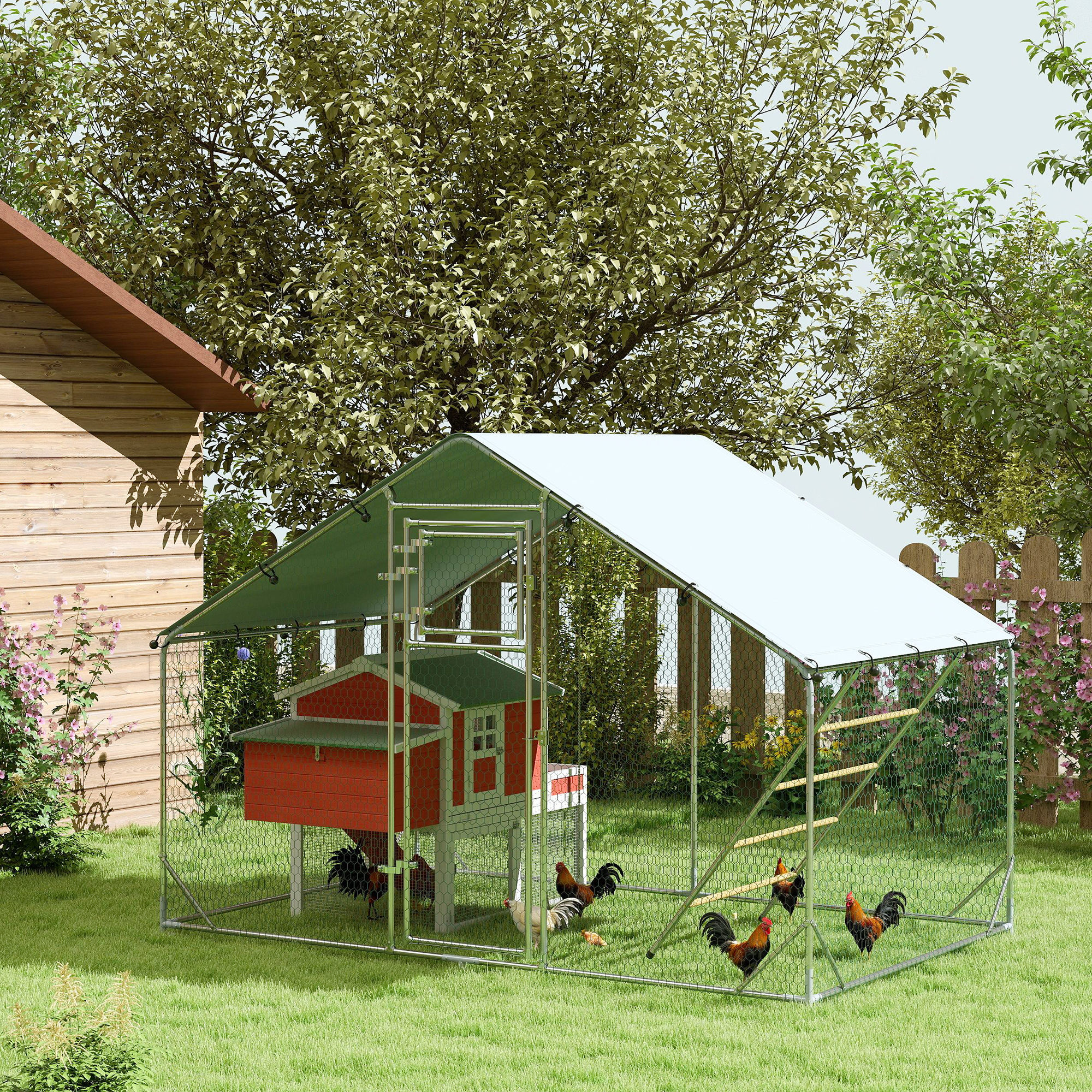 PawHut Large Metal Chicken Run with Waterproof & UV-Resistant Cover, Feeding Door, Hanging Feeder, Perch for 6-8 Chickens Aosom Canada