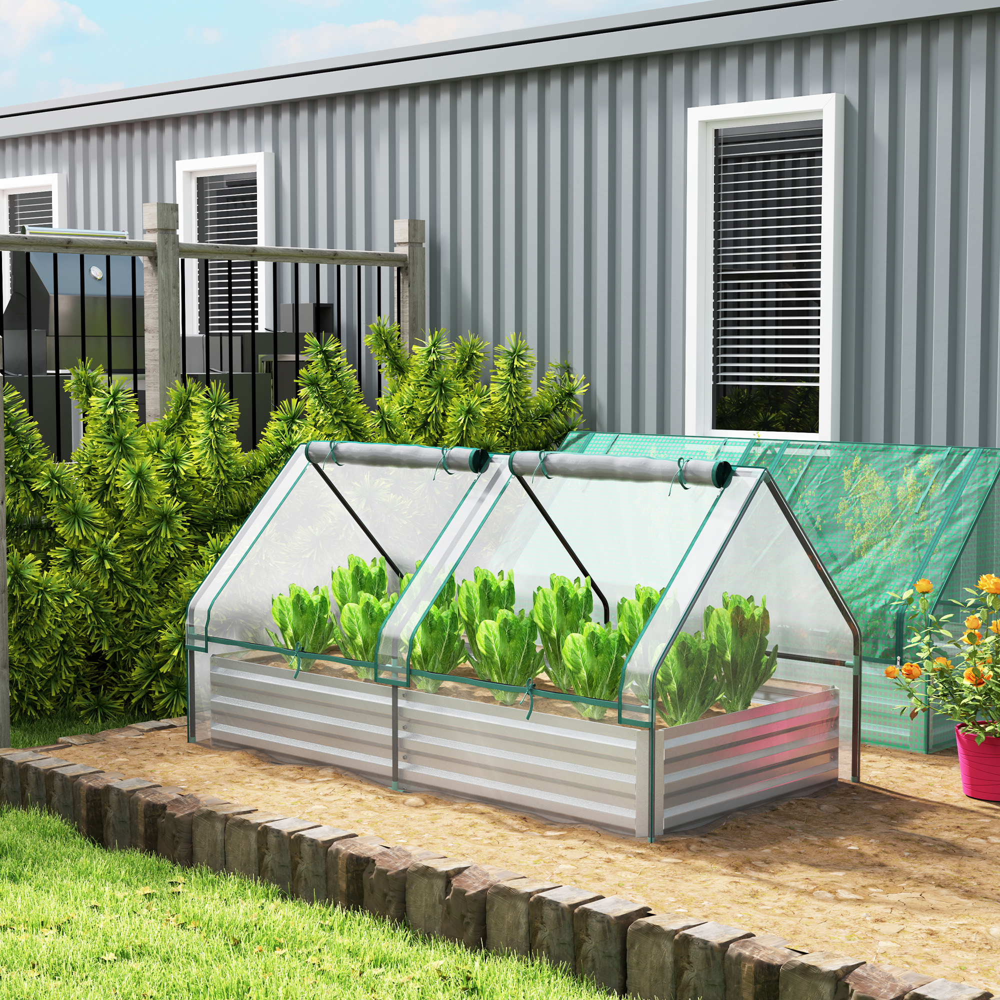 Outsunny 6' x 3' Metal Planter Box with Cover, Raised Garden Bed with Mini Greenhouse for Herbs, Vegetables, Clear and Silver Aosom Canada