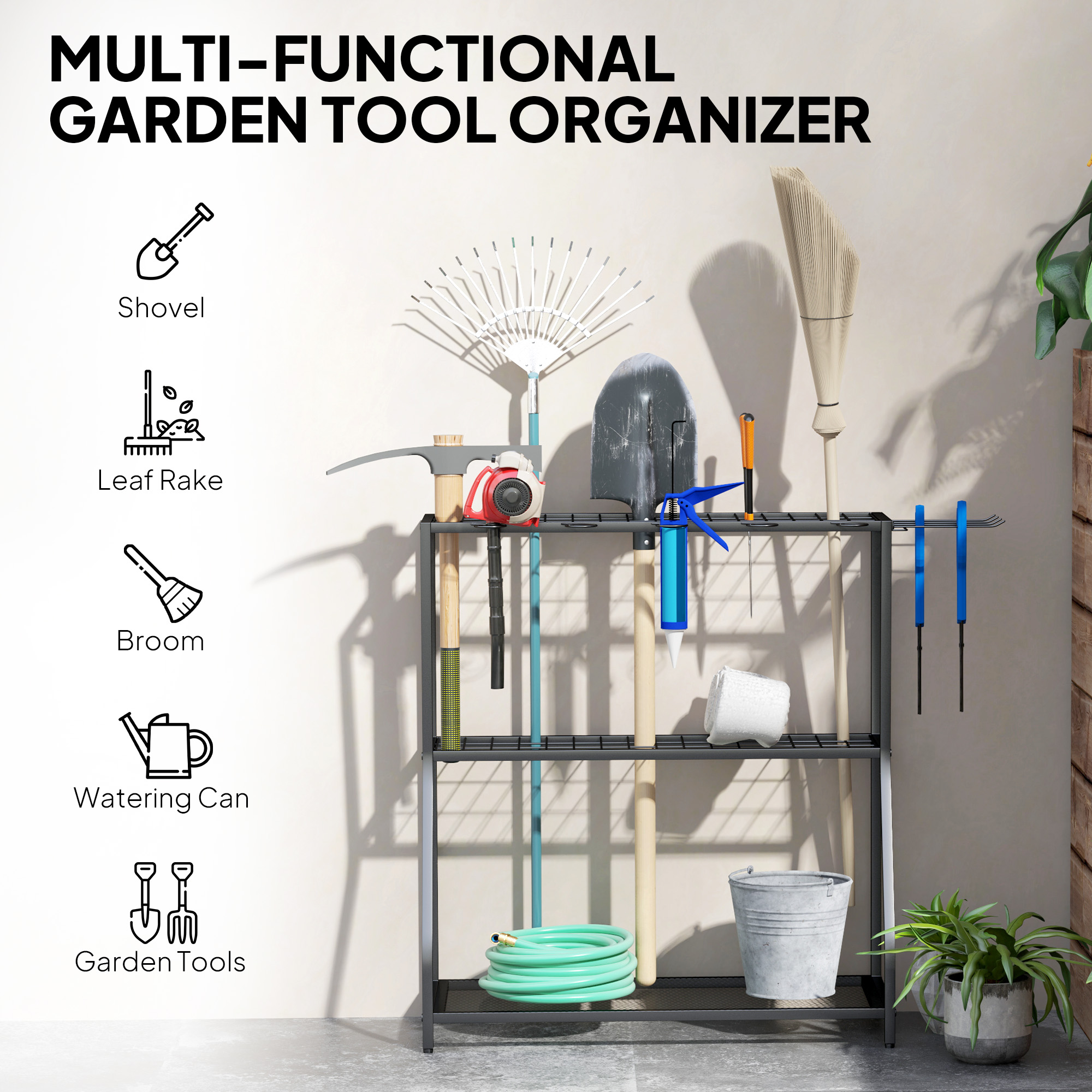 Outsunny 3-Tier Yard Tool Tower Rack, Garden Tool Organizer with Hooks ...