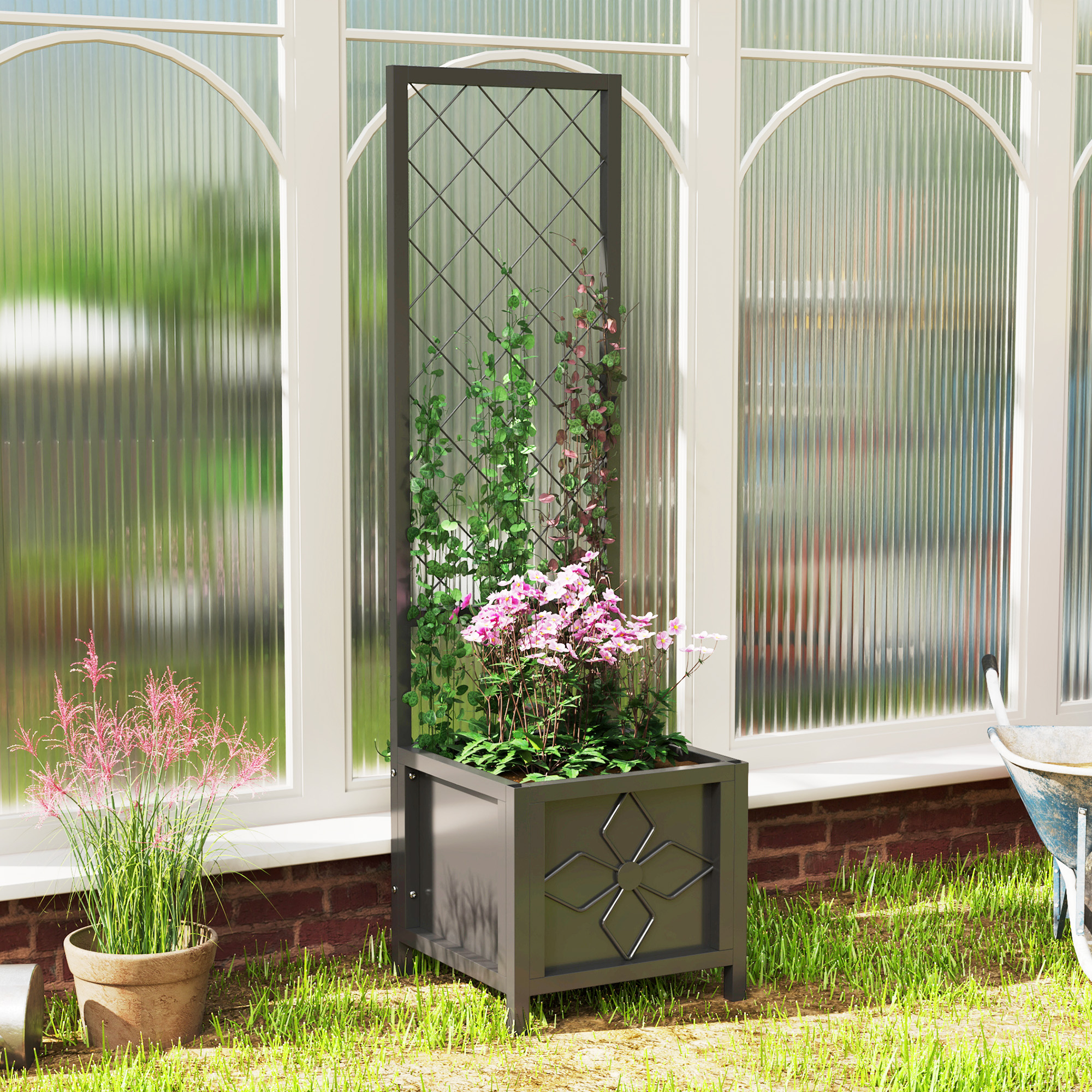 Outsunny Galvanized Raised Garden Bed with Trellis, Metal Planter Box with Drainage Holes for Climbing Plants, Vegetable, Vines Aosom Canada