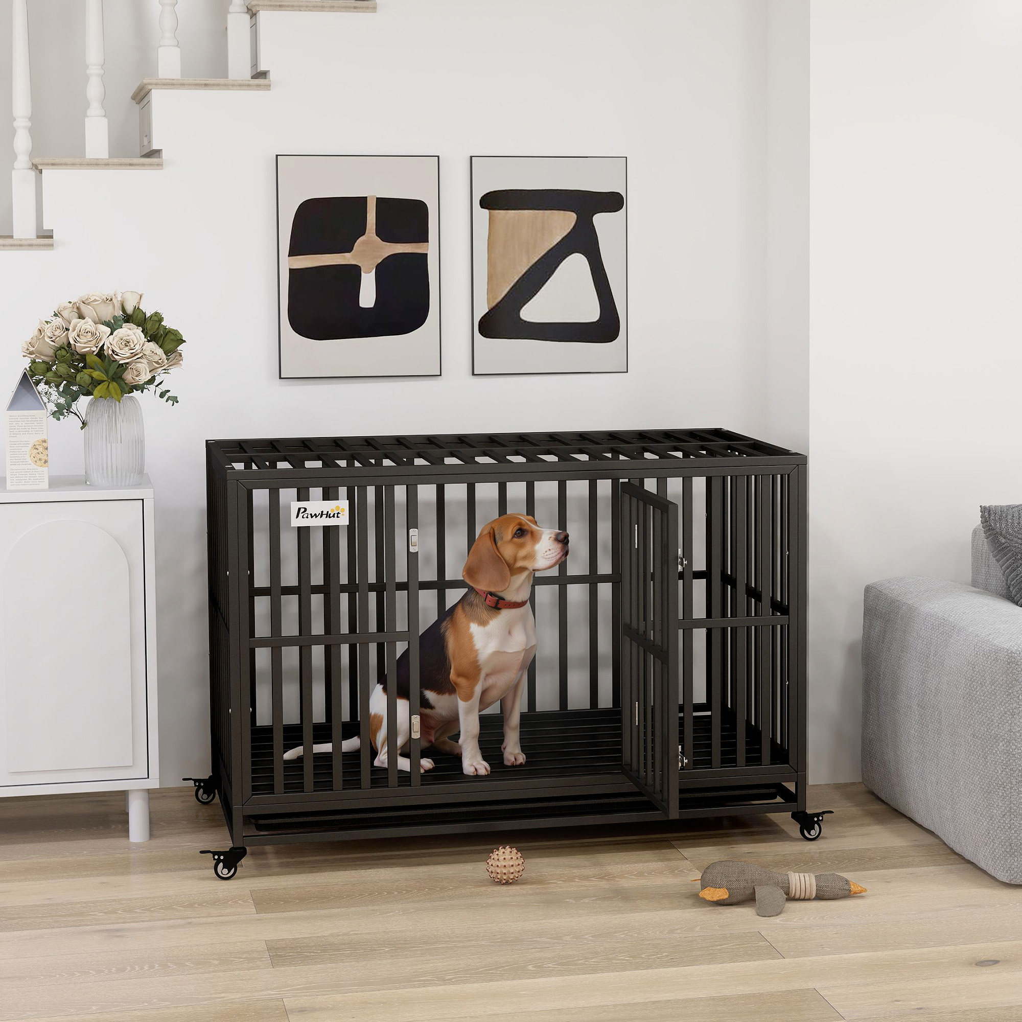 PawHut 49" Heavy Duty Steel Dog Crate Kennel Pet Cage with Wheels for Convenient Access Anti-Pinching Floor, Black Aosom Canada