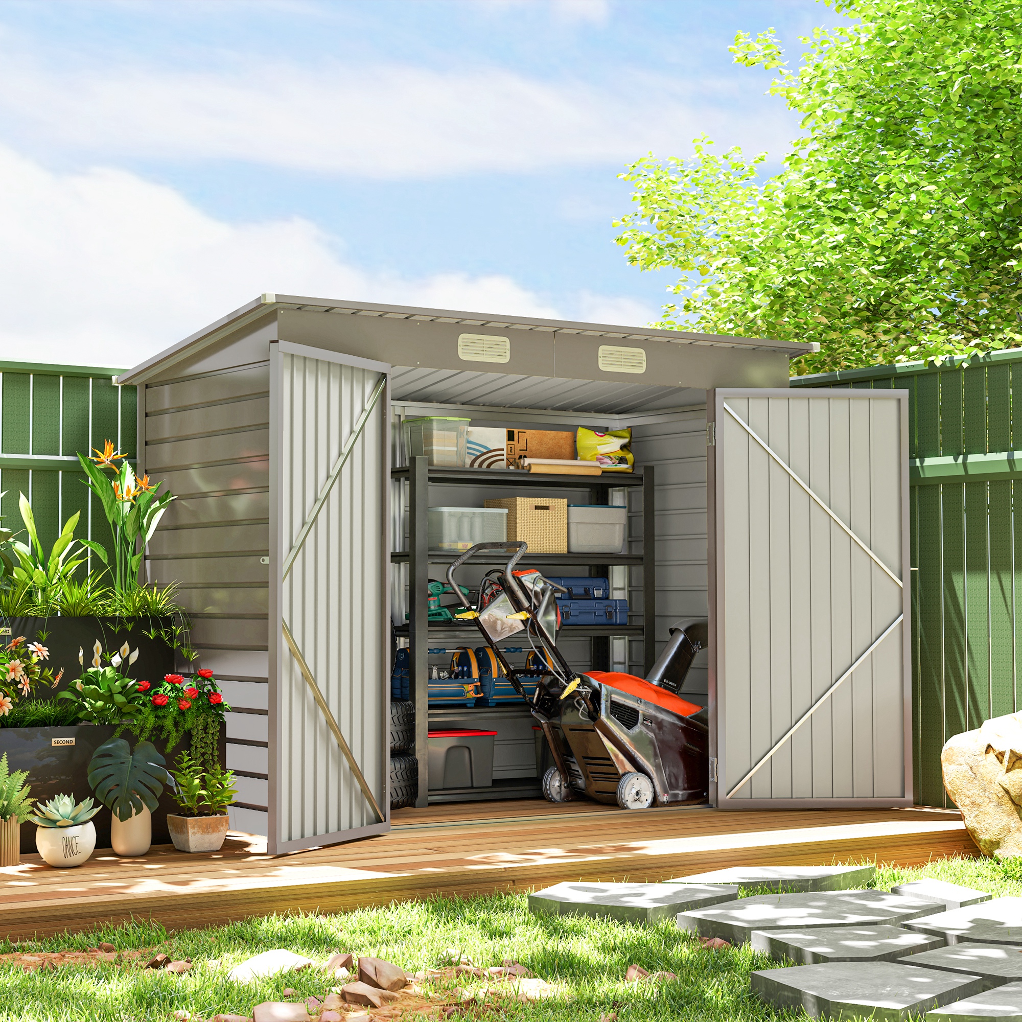 【2025新春福袋】 Outsunny 8 x 4FT Galvanized Garden Storage Shed, Metal ピンズ・ピンバッジ・缶バッジ