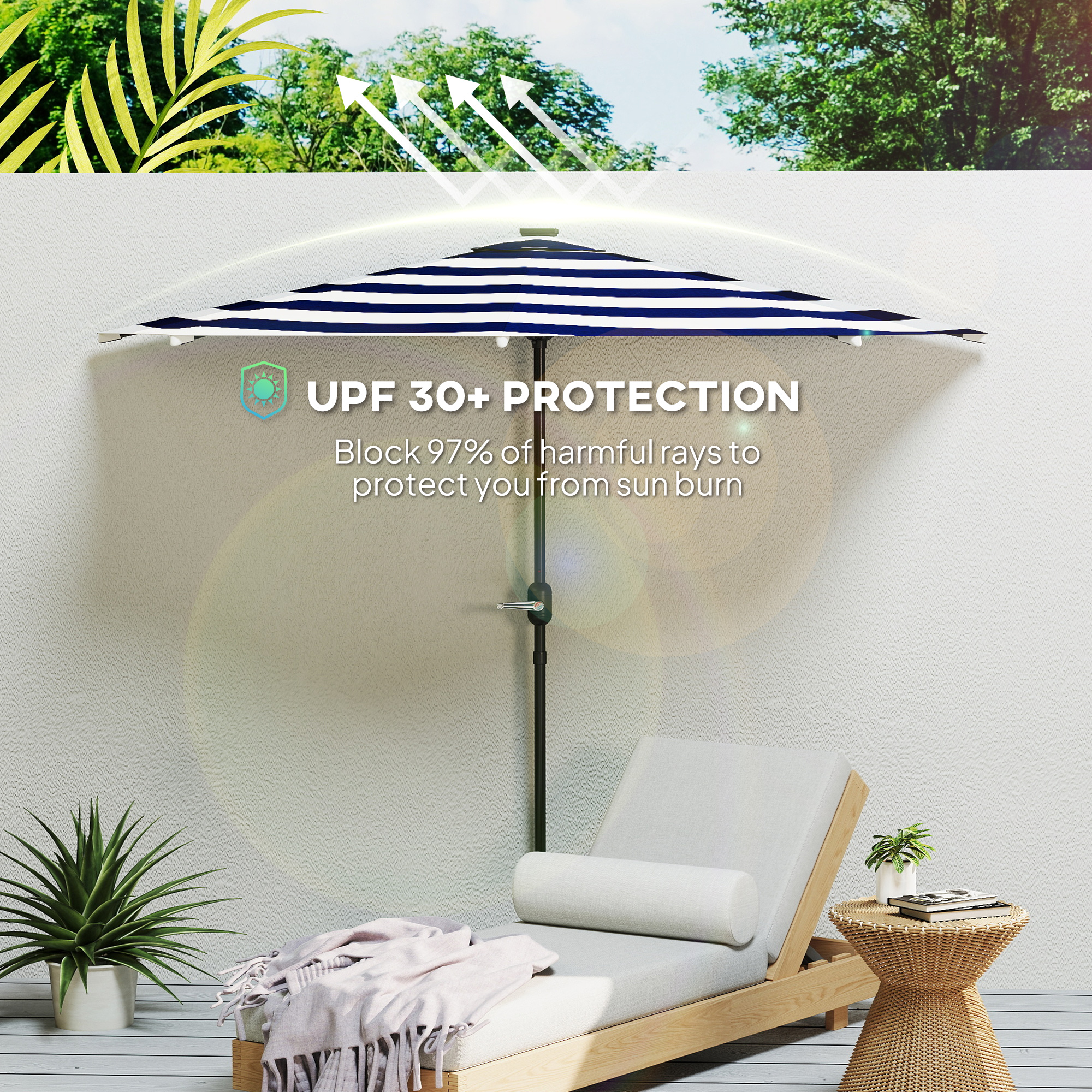 100 uv protection patio umbrella LOUNZY 9FT Large Outdoor Table Umbrella-UV Resistant,Easy Push Button Tilt and Crank,8 Sturdy Fiberglass Ribs Pool Umbrella for Patio,Backyard,Deck,Yard,Market,Beige : Patio, Lawn & Garden Each rib includes 4 warm LED lights (32 total) powered by a built Outsunny Patio Umbrella, UPF 30+
