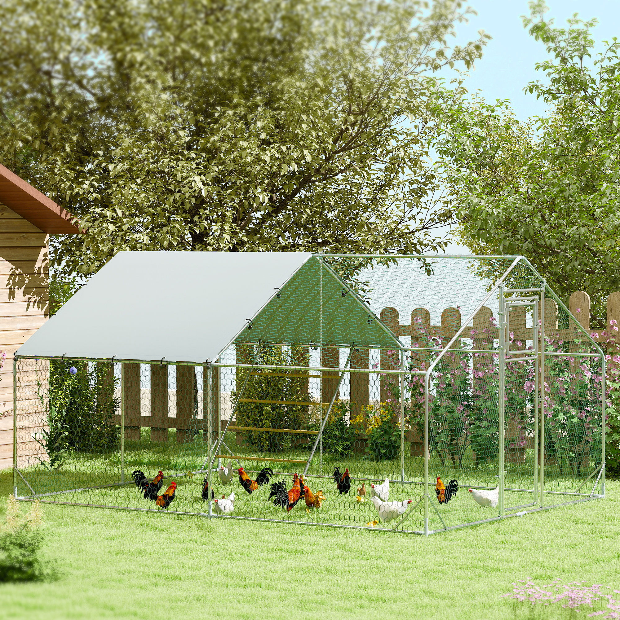 PawHut Large Metal Chicken Run with Waterproof & UV-Resistant Cover, Feeding Door, Hanging Feeder, Perch for 12-18 Chickens Aosom Canada