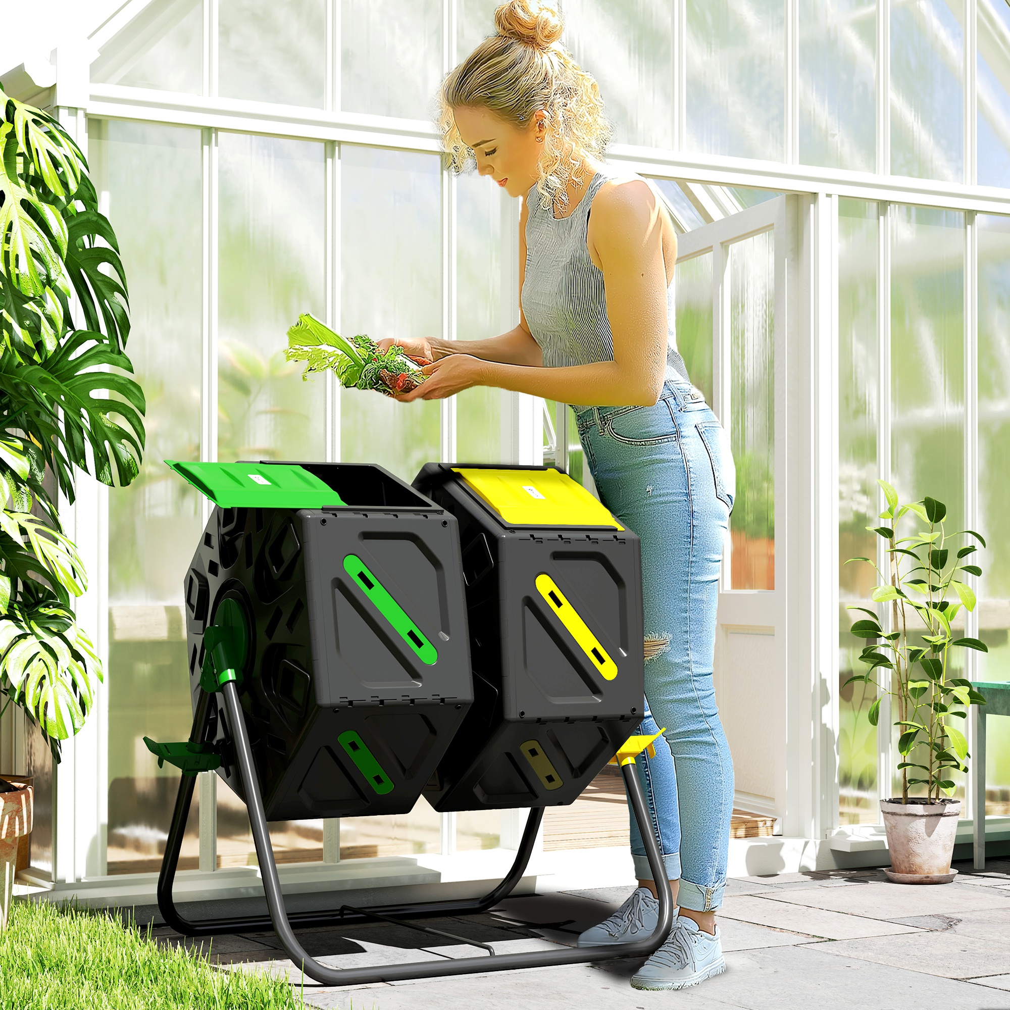 Outsunny Rotating Composter, Dual Chamber Compost Bin with 24 Vents and ...