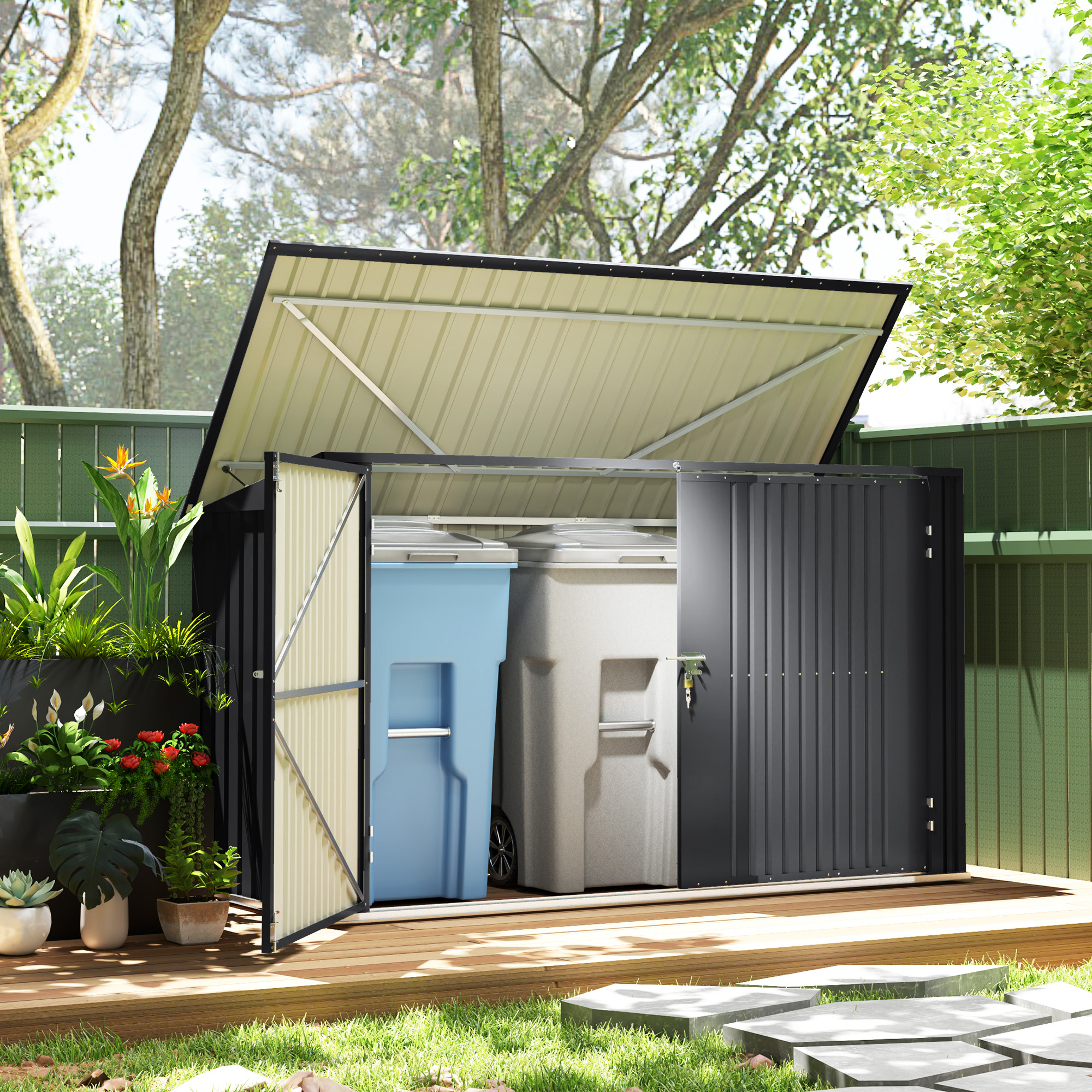 Outsunny 7.6 x 3.4ft Outdoor Storage Shed, Triple Garbage Bin Shed