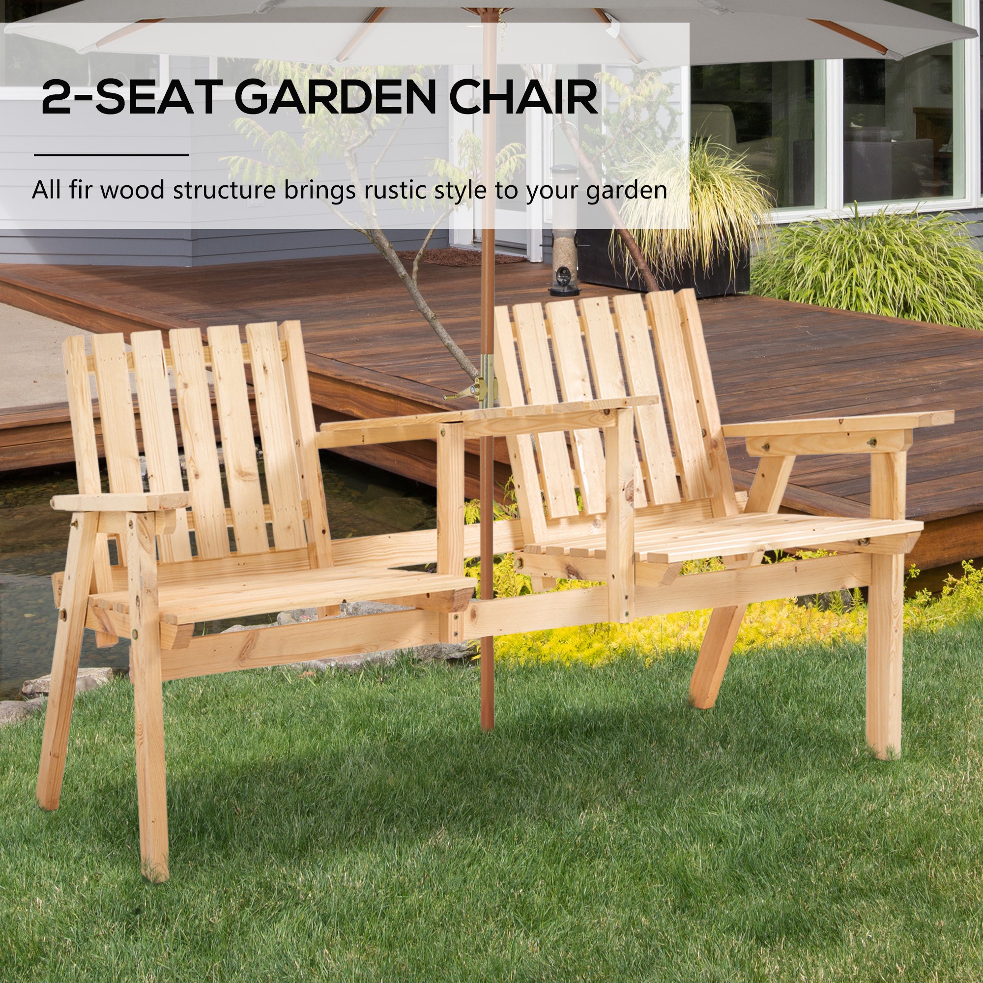 Outsunny Garden Bench for 2 Persons with Middle Table and Umbrella Hole ...