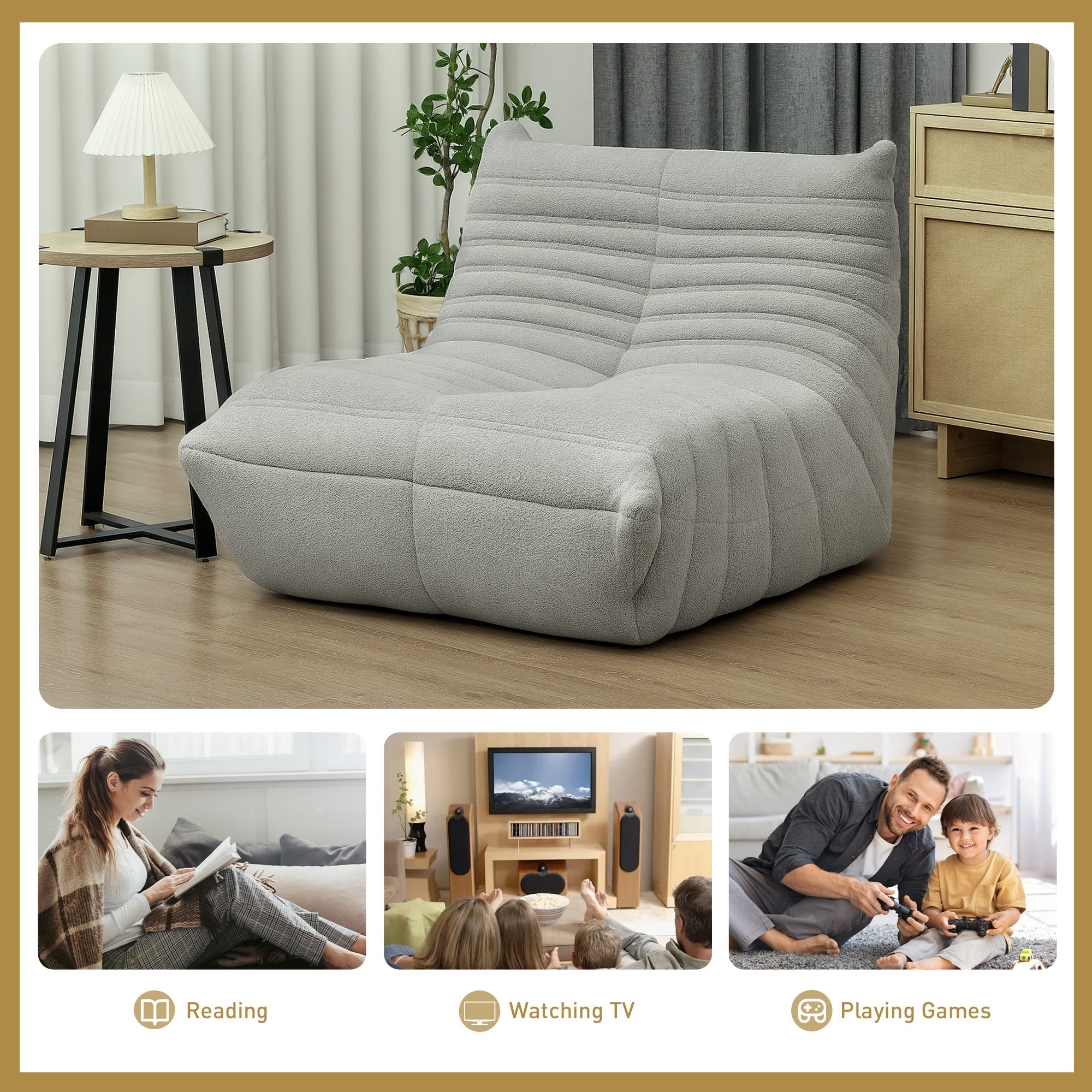 HOMCOM Floor Chair with Back Support, Teddy Fleece Sofa Chair with Channel Tufting, Meditation Chair for Bedroom, Light Gray 4