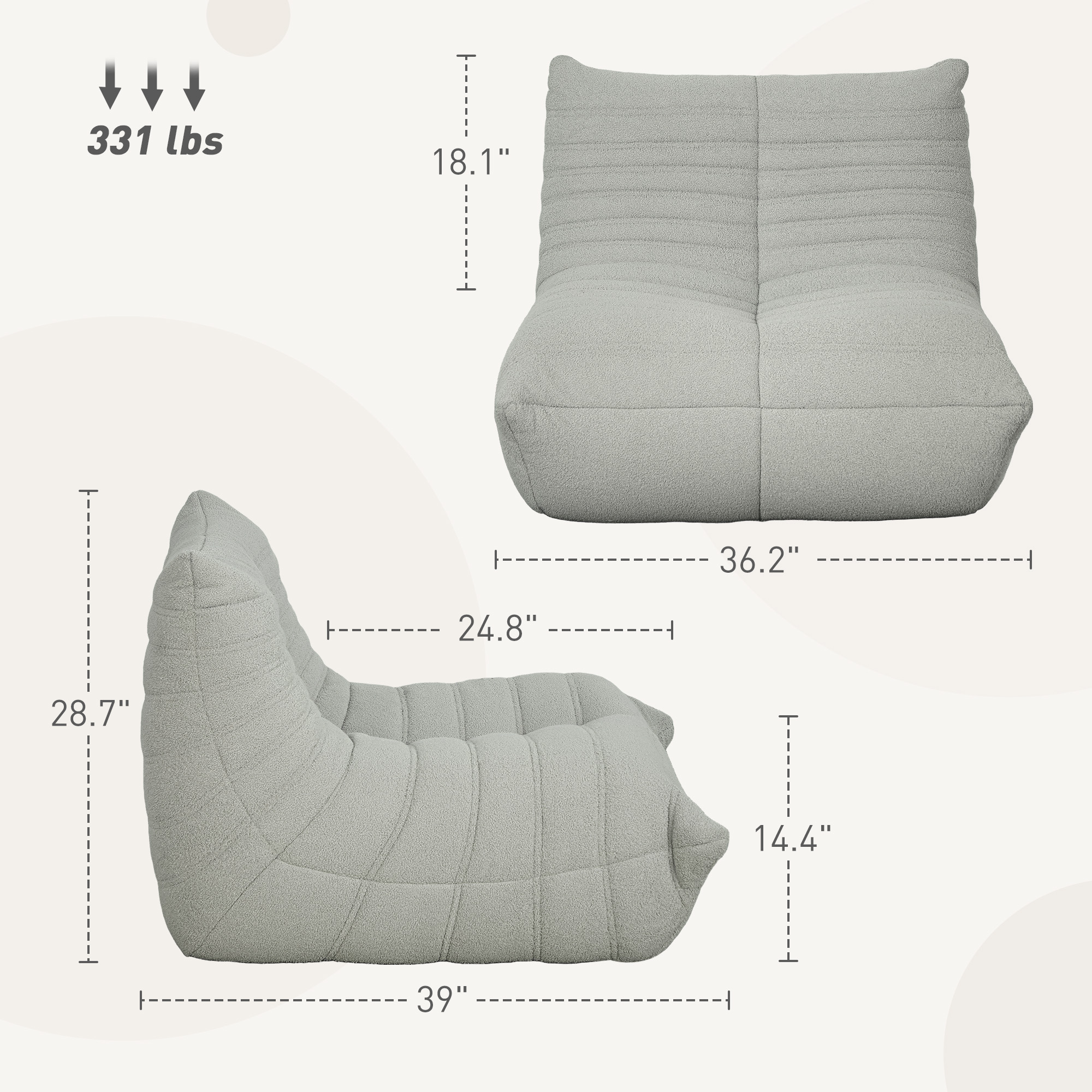 HOMCOM Floor Chair with Back Support, Teddy Fleece Sofa Chair with Channel Tufting, Meditation Chair for Bedroom, Light Gray 1