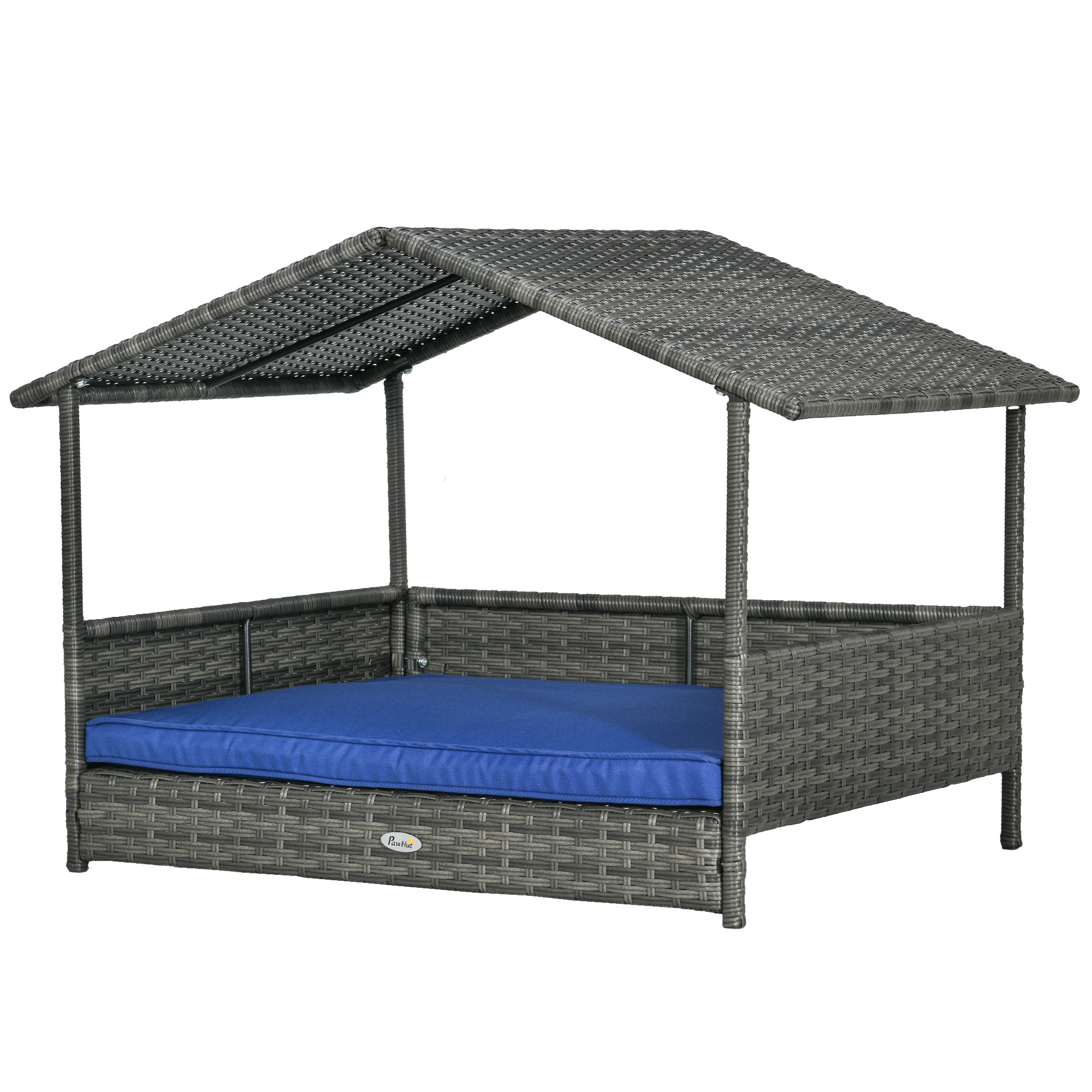 PawHut Wicker Dog House with Removable Cushion Lounge, Dark Blue