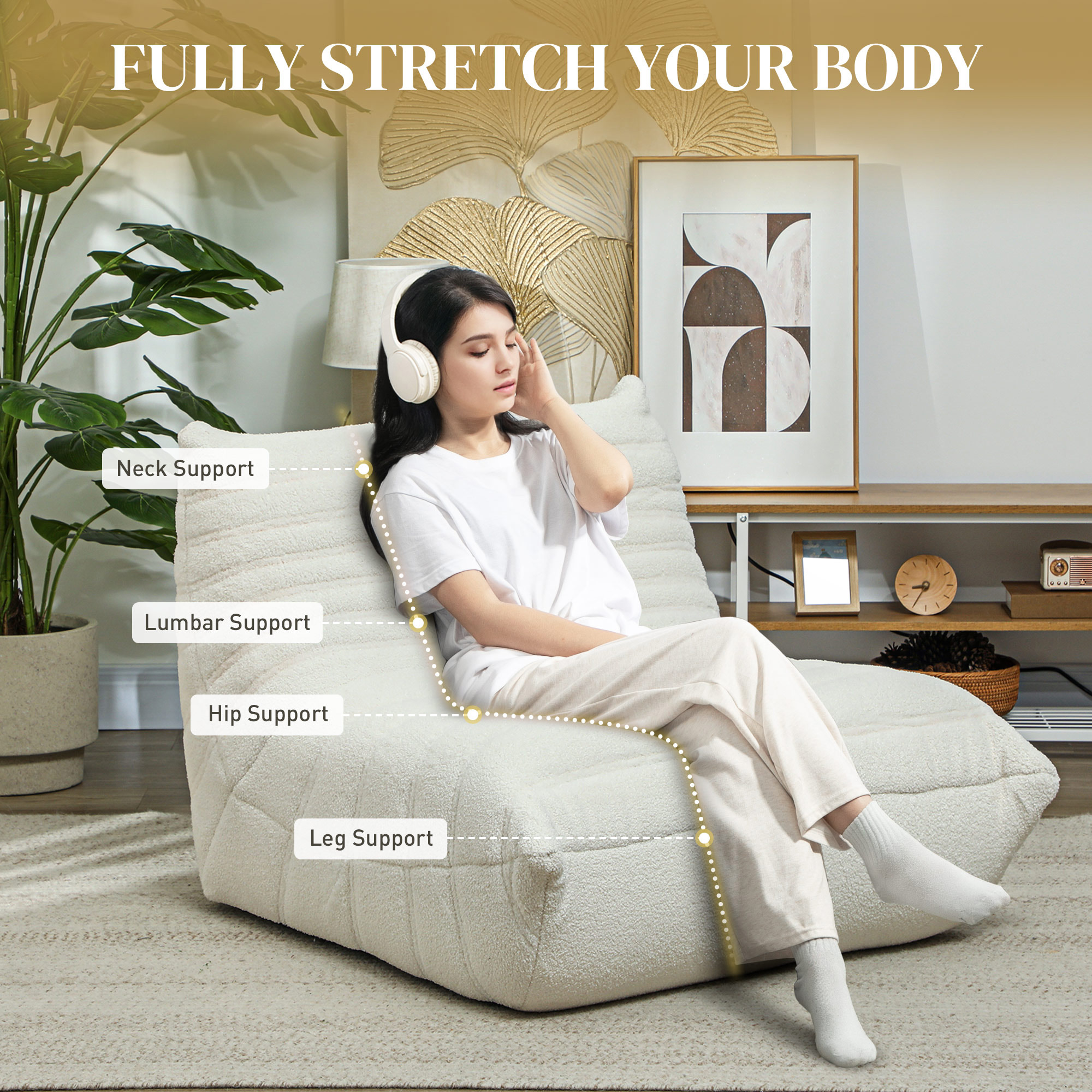 HOMCOM Floor Chair with Back Support, Teddy Fleece Sofa Chair with Channel Tufting, Meditation Chair for Bedroom, Cream White 3