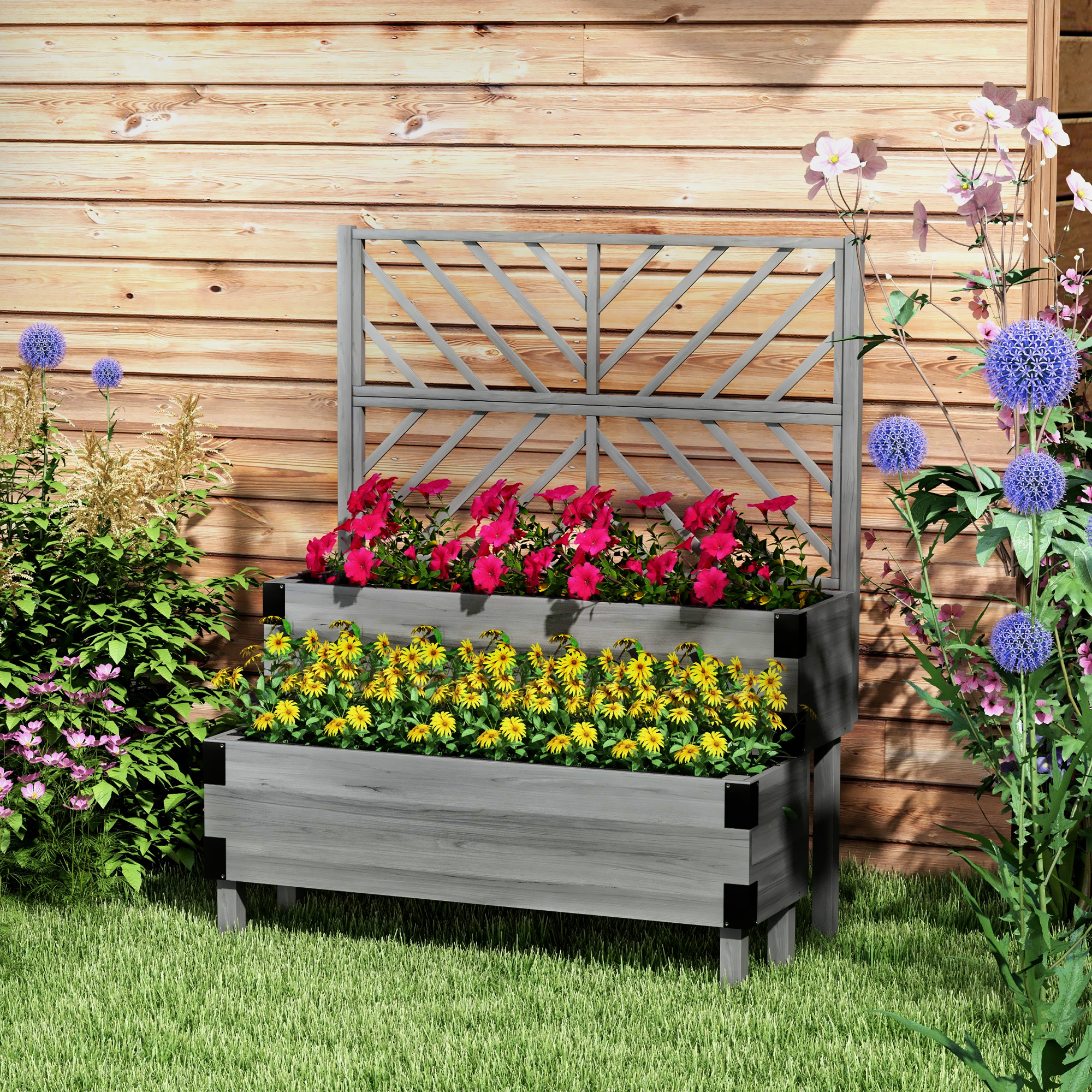 Outsunny Raised Garden Bed with Trellis, 2 Tier Wooden Elevated Planter Box for Vegetables, Flowers, Herbs, Grey Aosom Canada