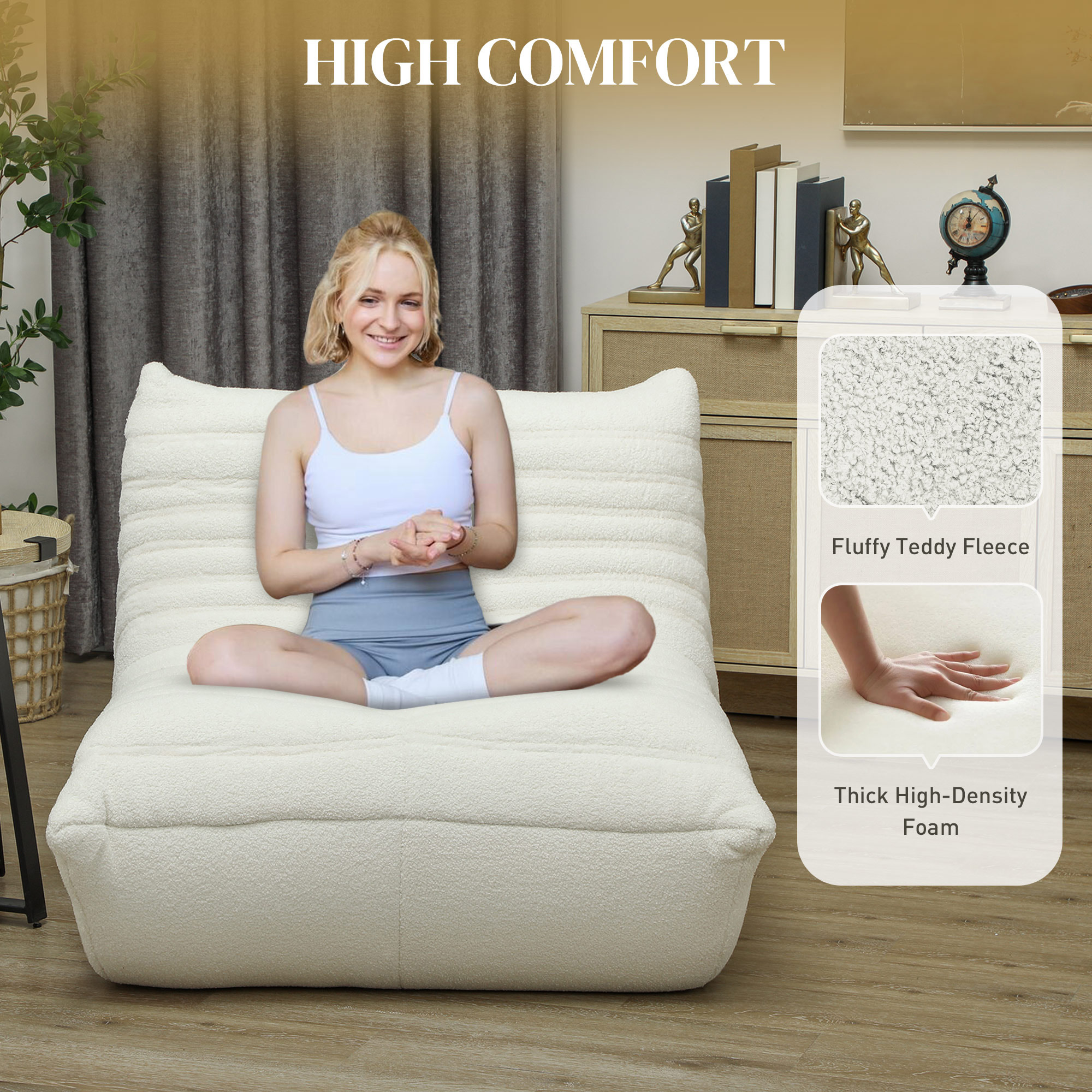HOMCOM Floor Chair with Back Support, Teddy Fleece Sofa Chair with Channel Tufting, Meditation Chair for Bedroom, Cream White 2