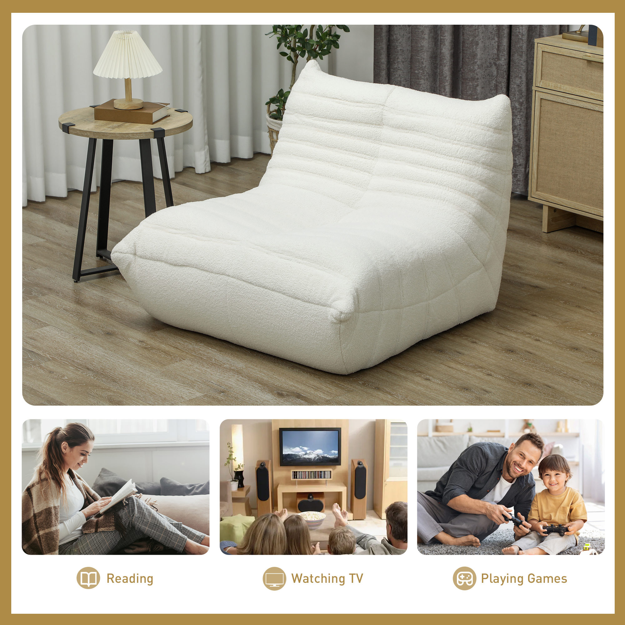 HOMCOM Floor Chair with Back Support, Teddy Fleece Sofa Chair with Channel Tufting, Meditation Chair for Bedroom, Cream White 4