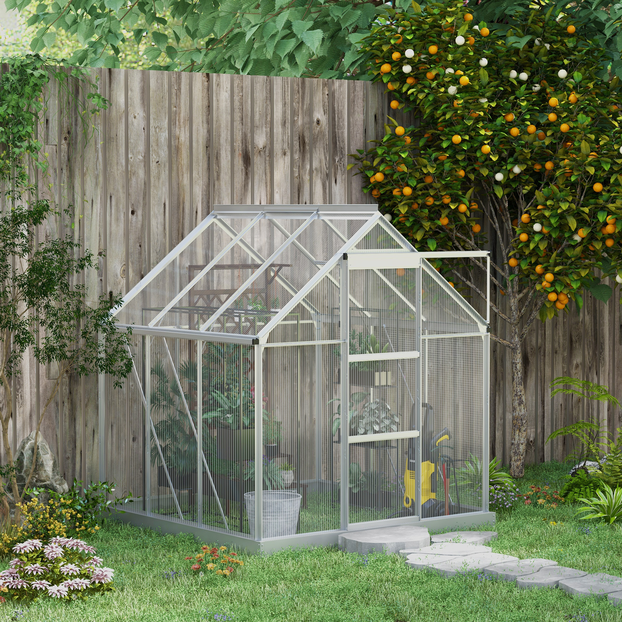 Outsunny Walk-In Greenhouse 6' x 6' Polycarbonate Aluminium Frame Sliding Door Window Foundation Silver Aosom Canada