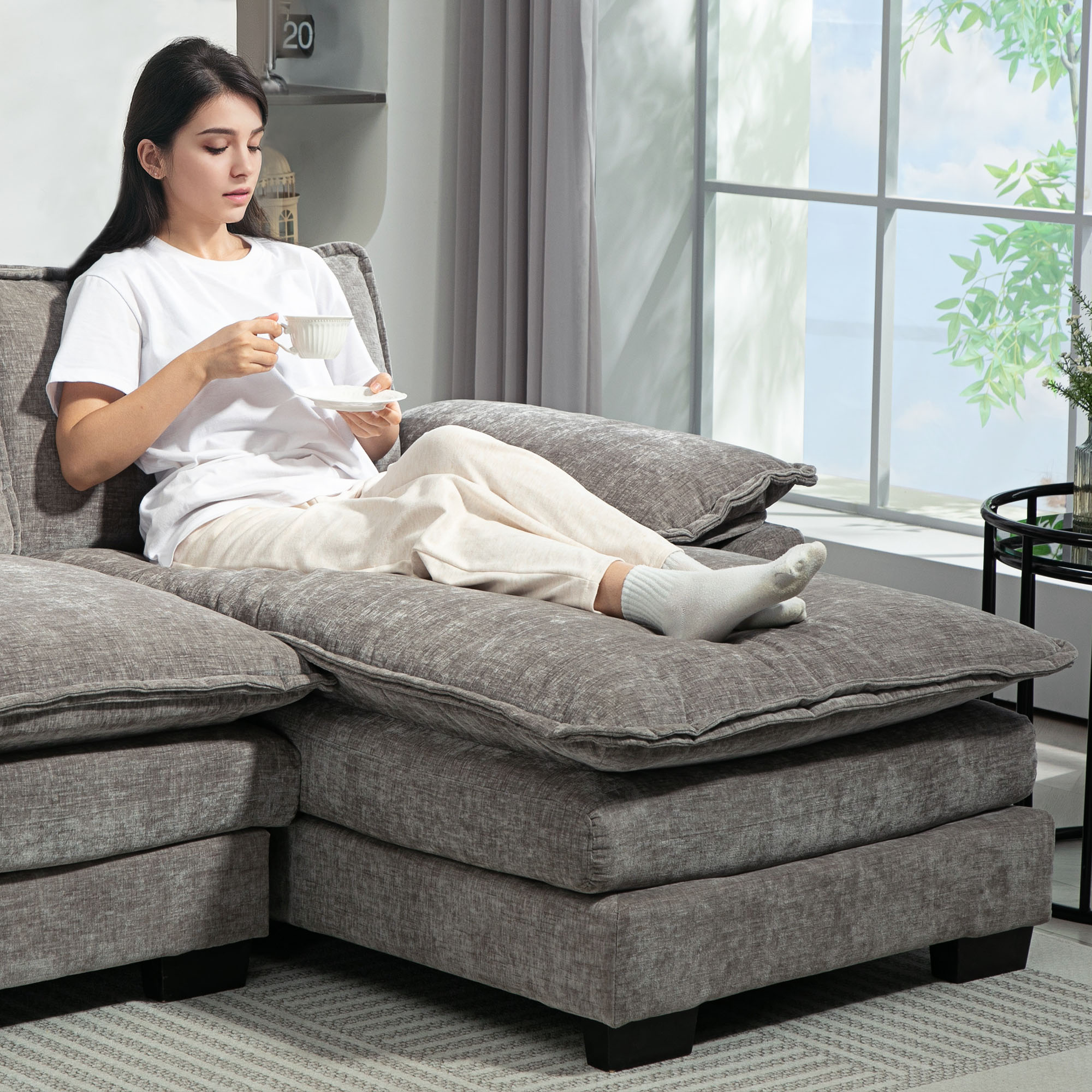 HOMCOM Sofa Couch with Chaise Lounge, Chenille L-shaped Couch with