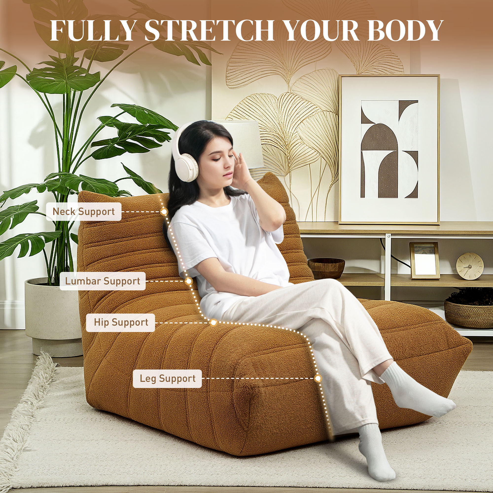 HOMCOM Floor Chair with Back Support, Teddy Fleece Sofa Chair with Channel Tufting, Meditation Chair for Bedroom, Brown 3
