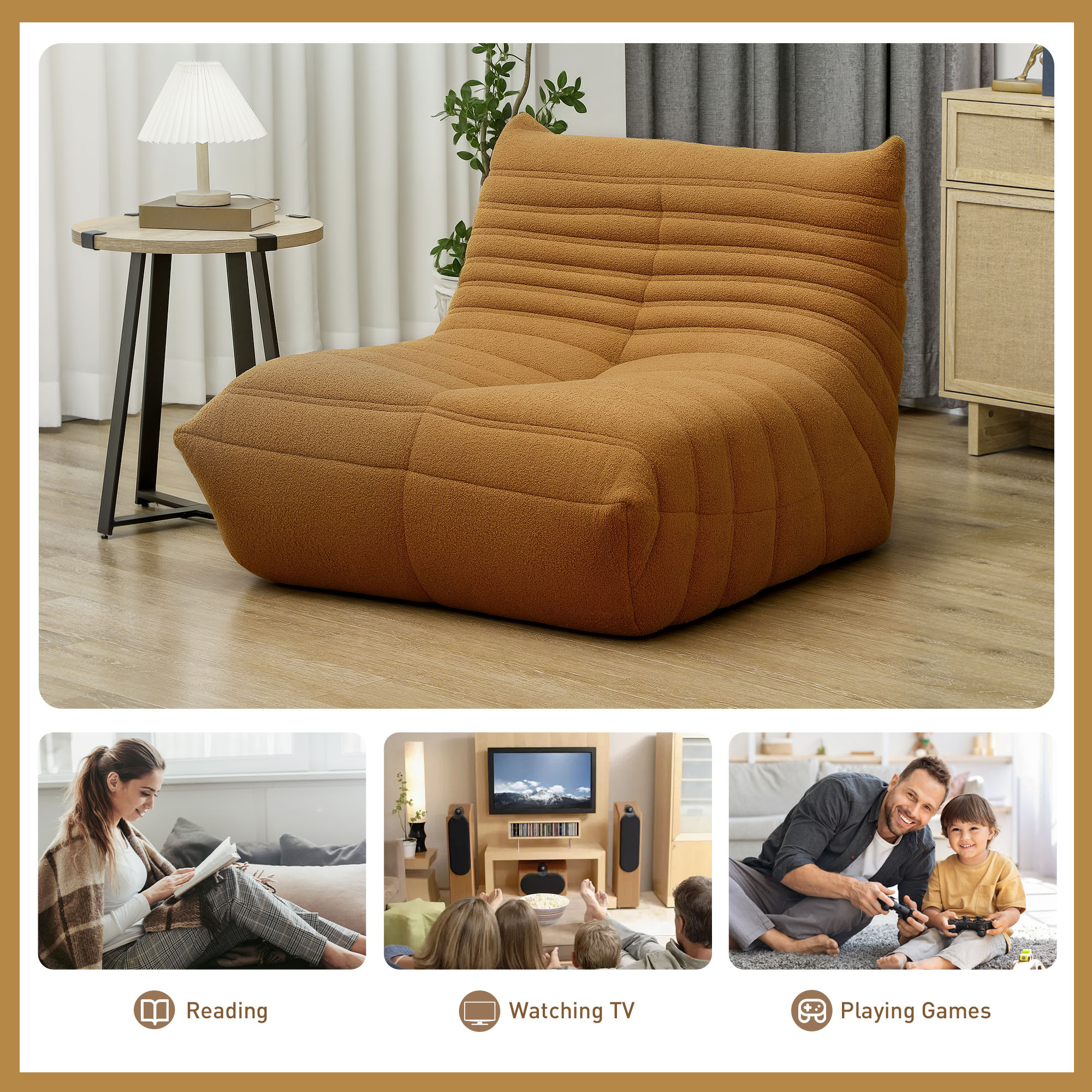 HOMCOM Floor Chair with Back Support, Teddy Fleece Sofa Chair with Channel Tufting, Meditation Chair for Bedroom, Brown 4