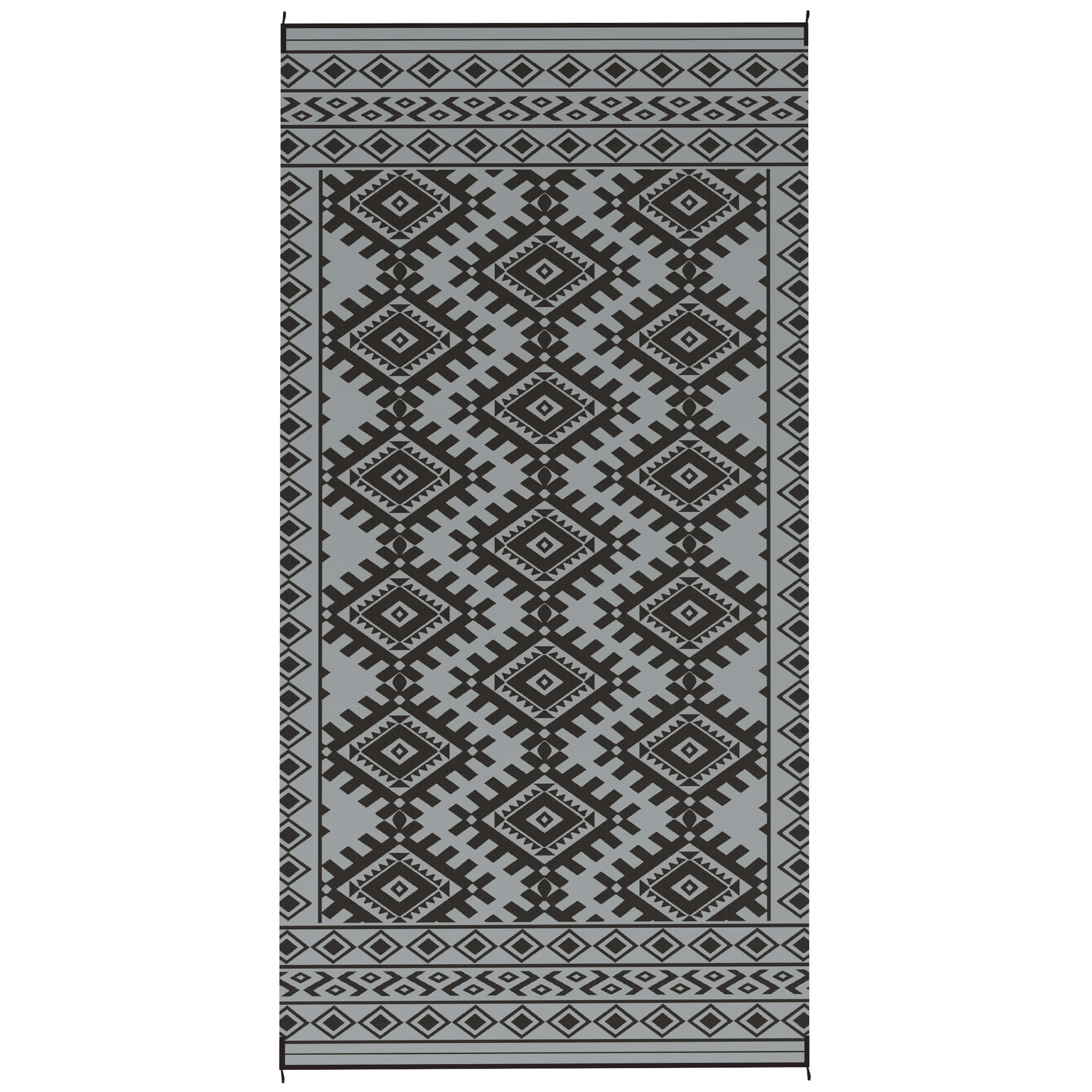 Outsunny Reversible Outdoor Rug, Waterproof Plastic Straw with Carry Bag, 9' x 18', Black & Gray Rhombus Border