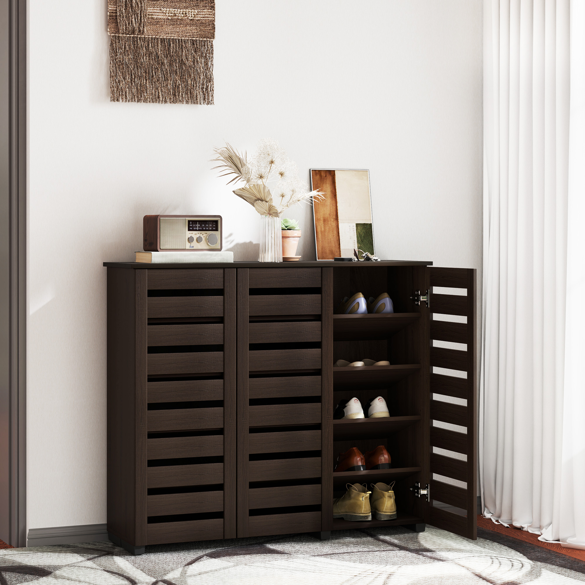 HOMCOM Narrow Shoe Cabinet with Slatted Doors, Adjustable