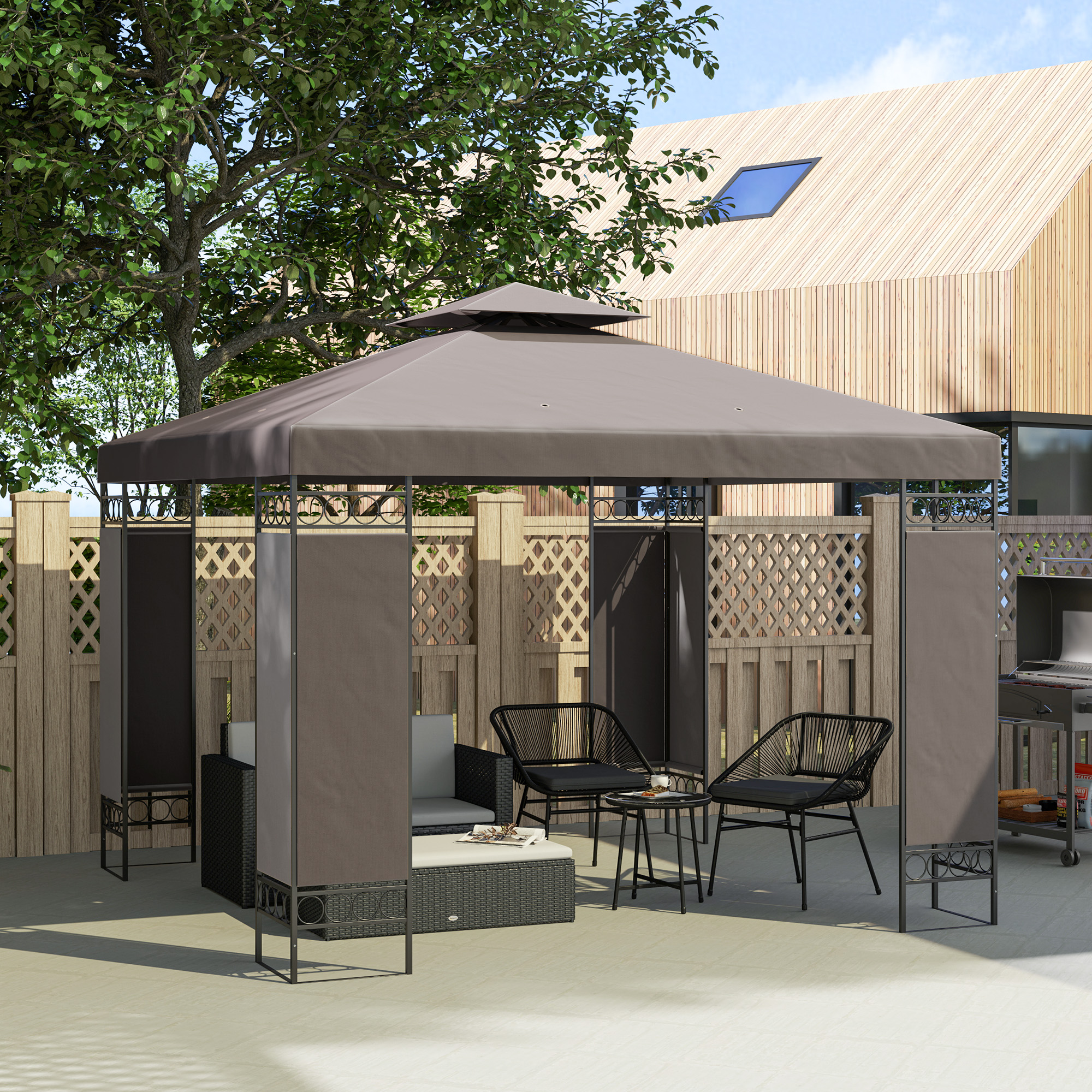 Outsunny 10 x 10 FT Canopy Gazebo, Double Roof Patio Gazebo with Screen Panels and Metal Frame for Deck, Backyard, Khaki Aosom Canada