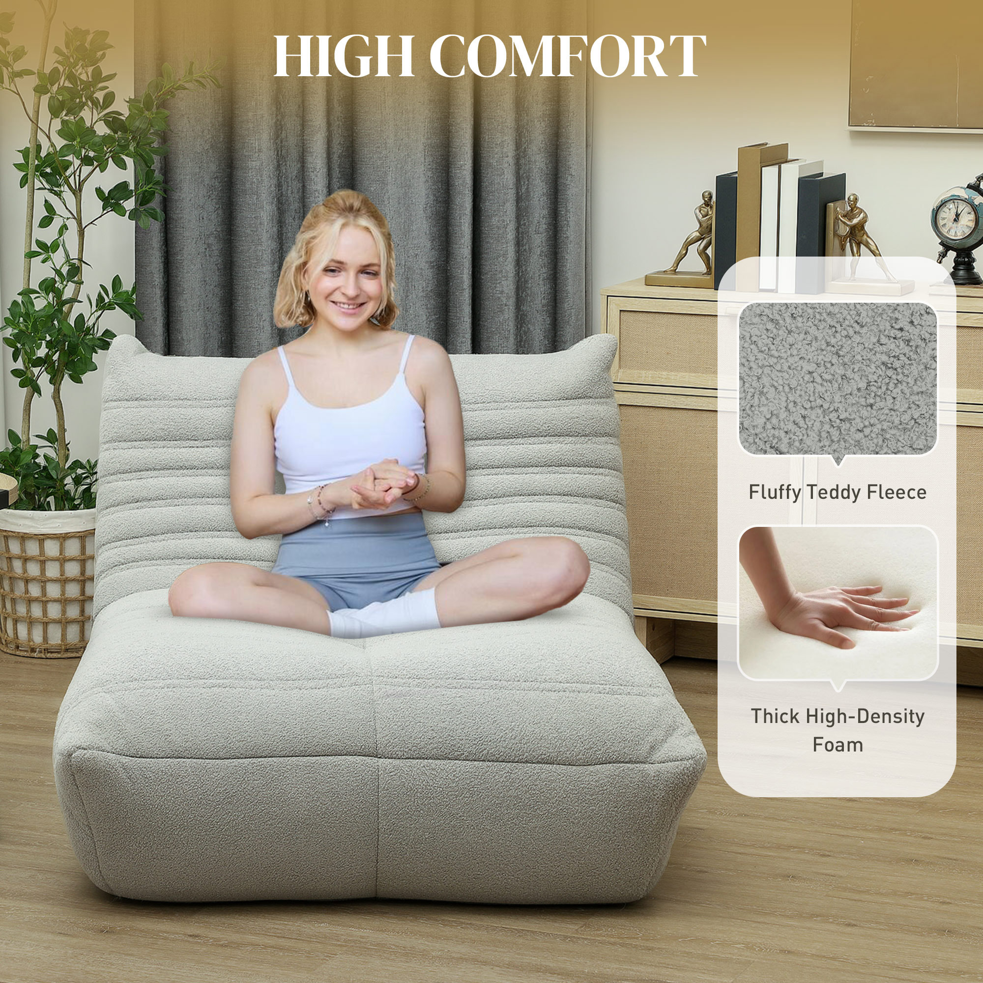 HOMCOM Floor Chair with Back Support, Teddy Fleece Sofa Chair with Channel Tufting, Meditation Chair for Bedroom, Light Gray 2