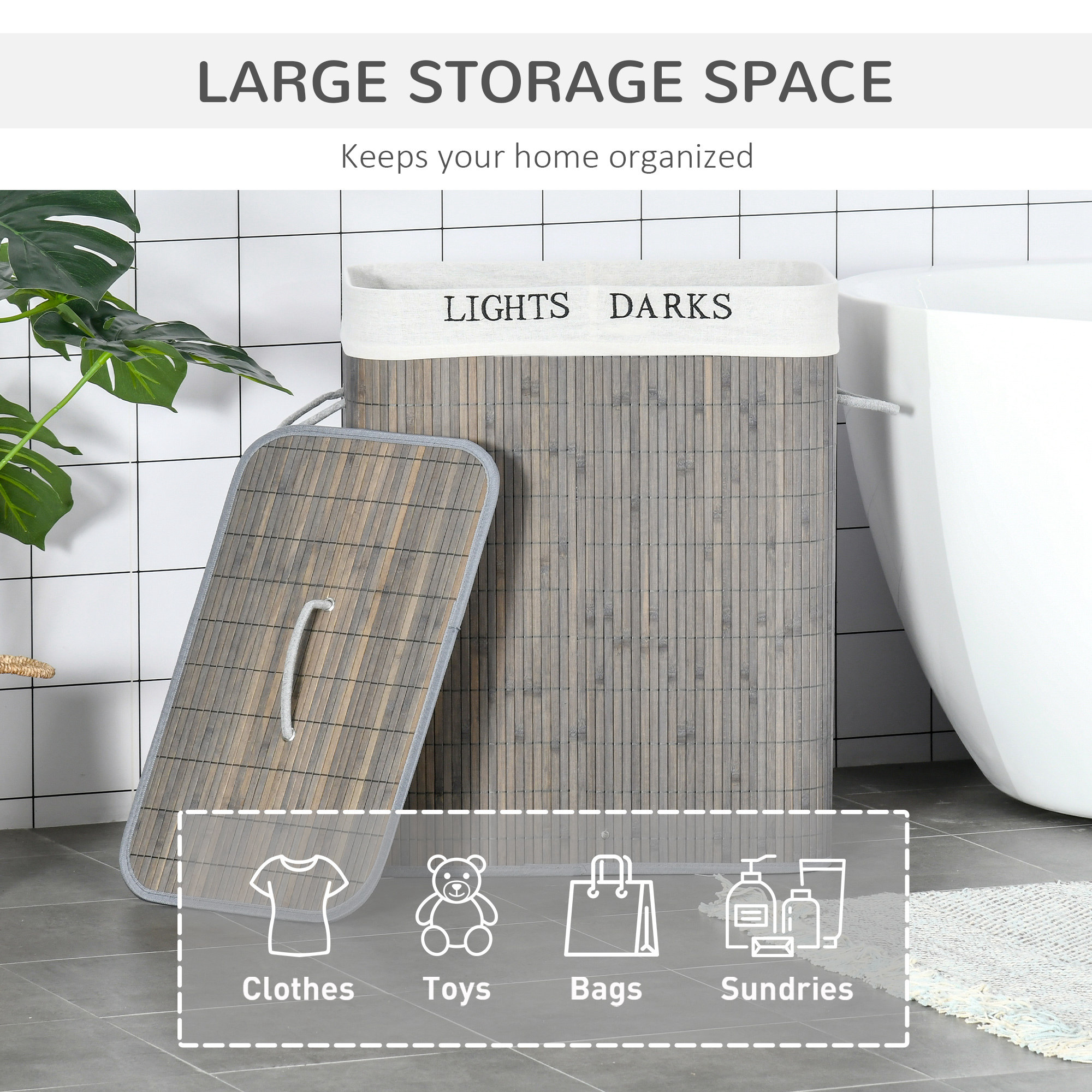 HOMCOM Bamboo Laundry Basket with Lid and String Handles, Collapsible ...