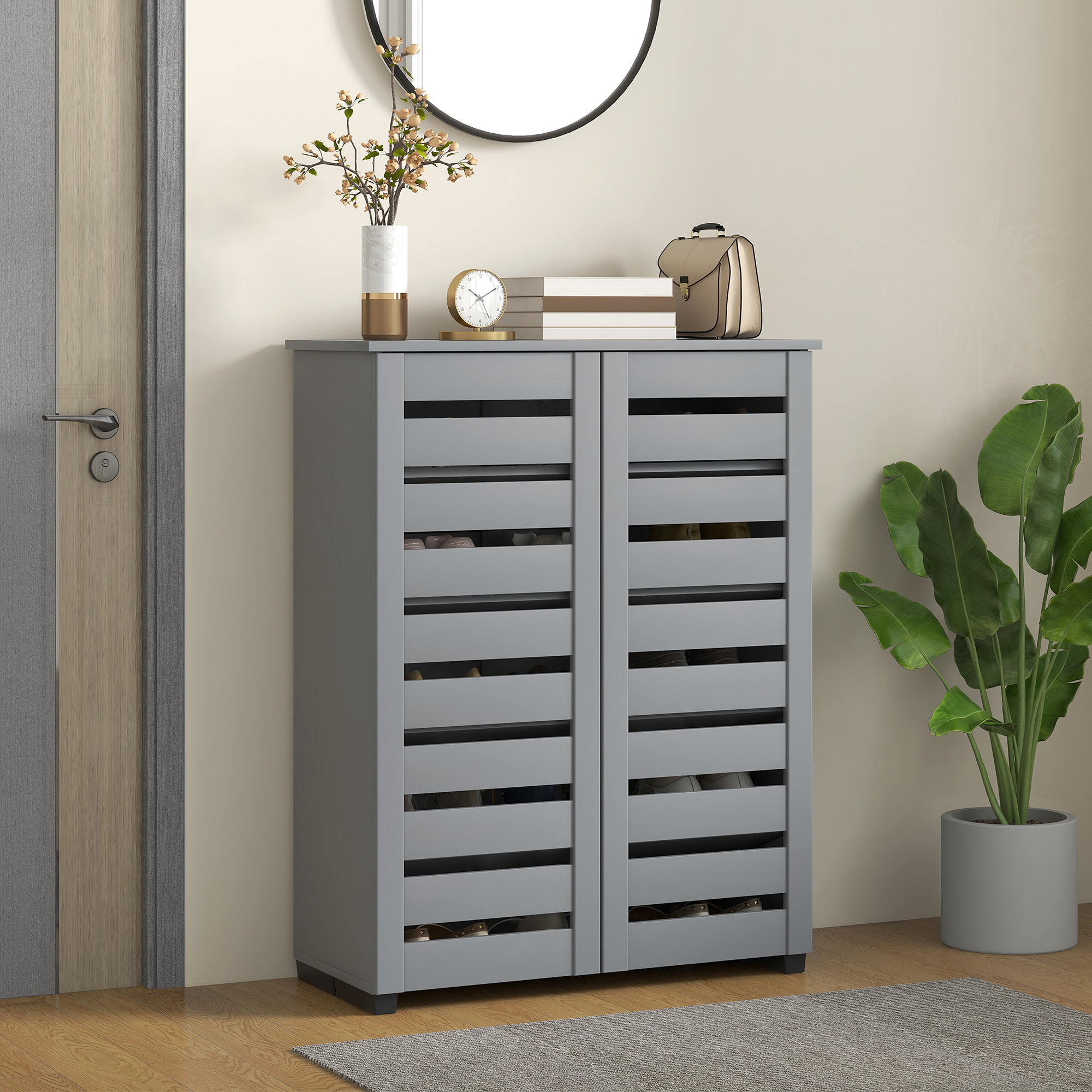HOMCOM Shoe Storage Cabinet, Shoe Cabinet with 2 Slatted Doors for 15 Pairs of Shoes, Dark Grey Aosom Canada