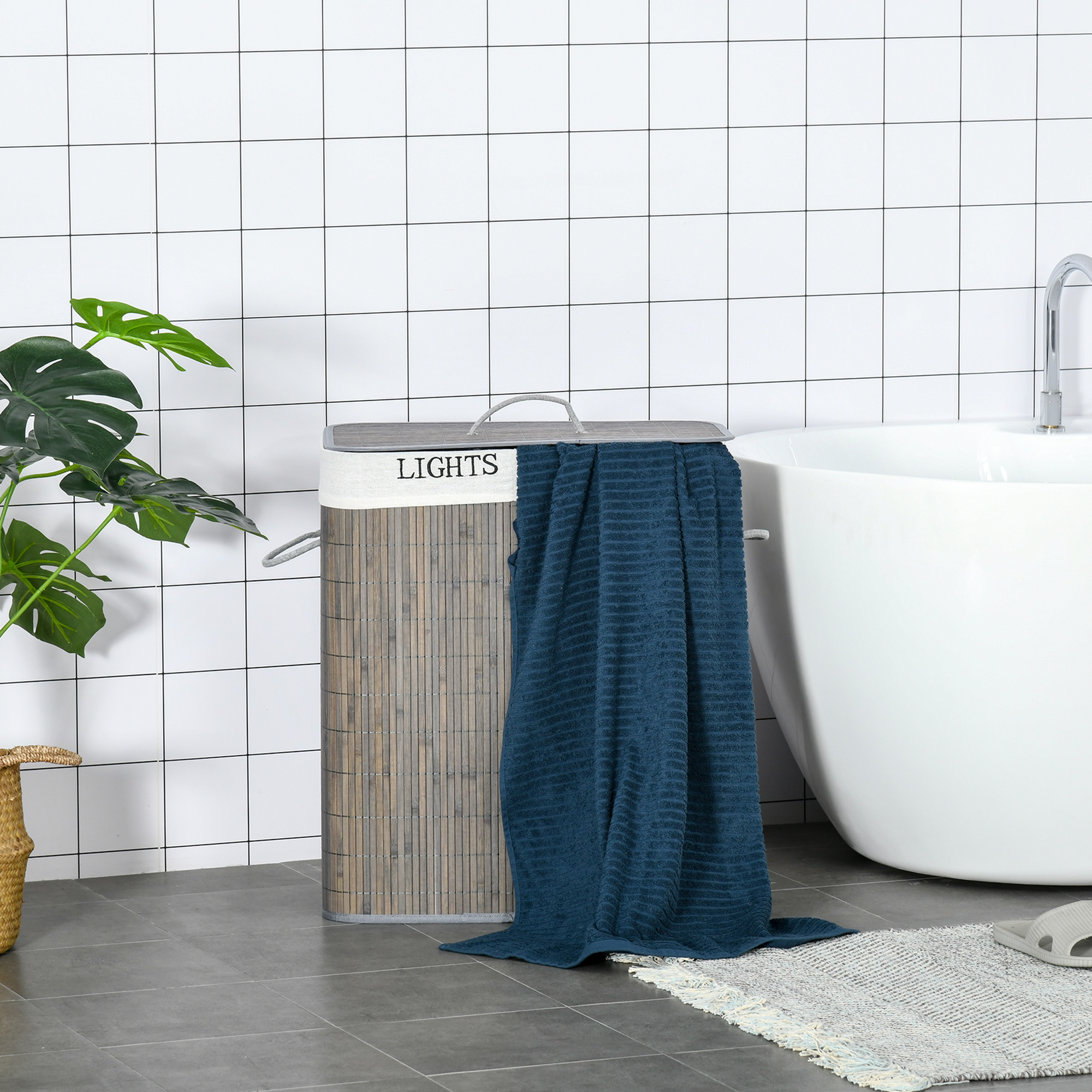 HOMCOM Bamboo Laundry Basket with Lid and String Handles, Collapsible ...