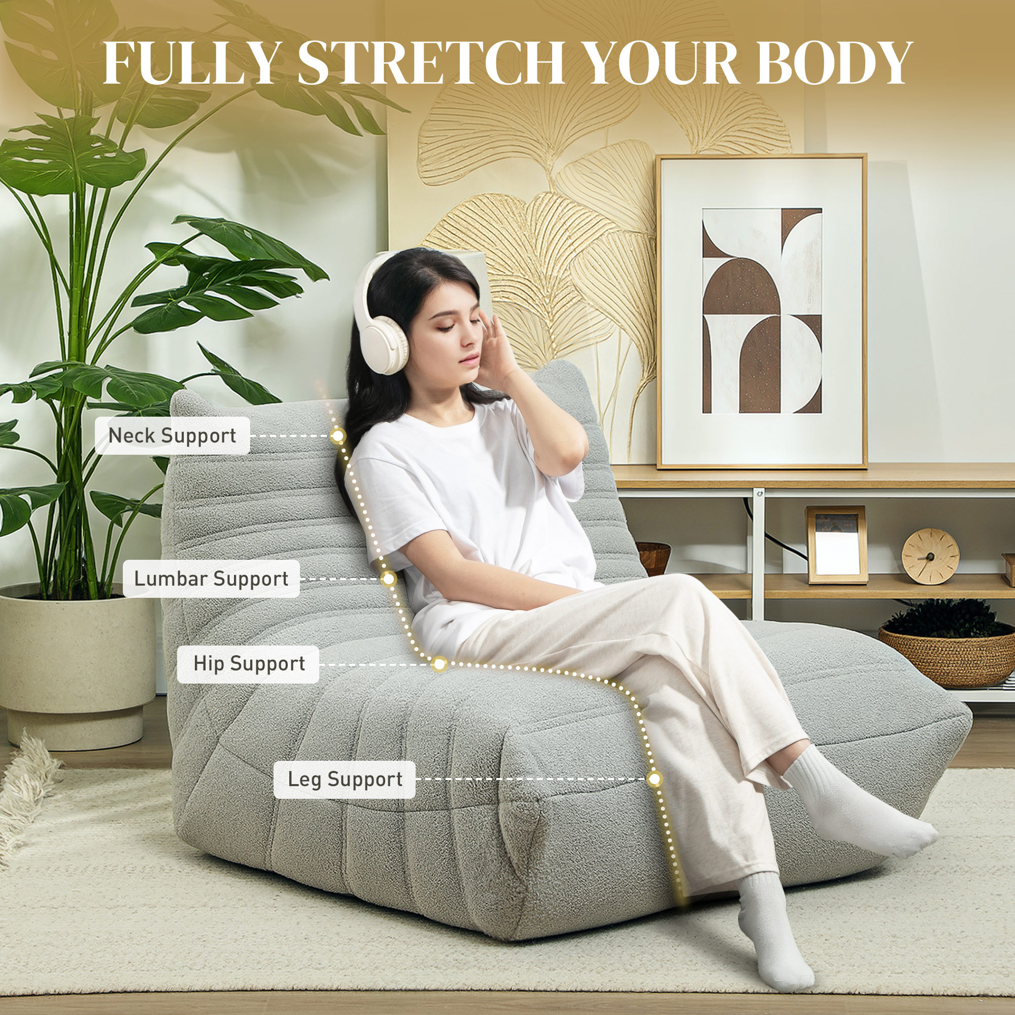HOMCOM Floor Chair with Back Support, Teddy Fleece Sofa Chair with Channel Tufting, Meditation Chair for Bedroom, Light Gray 3