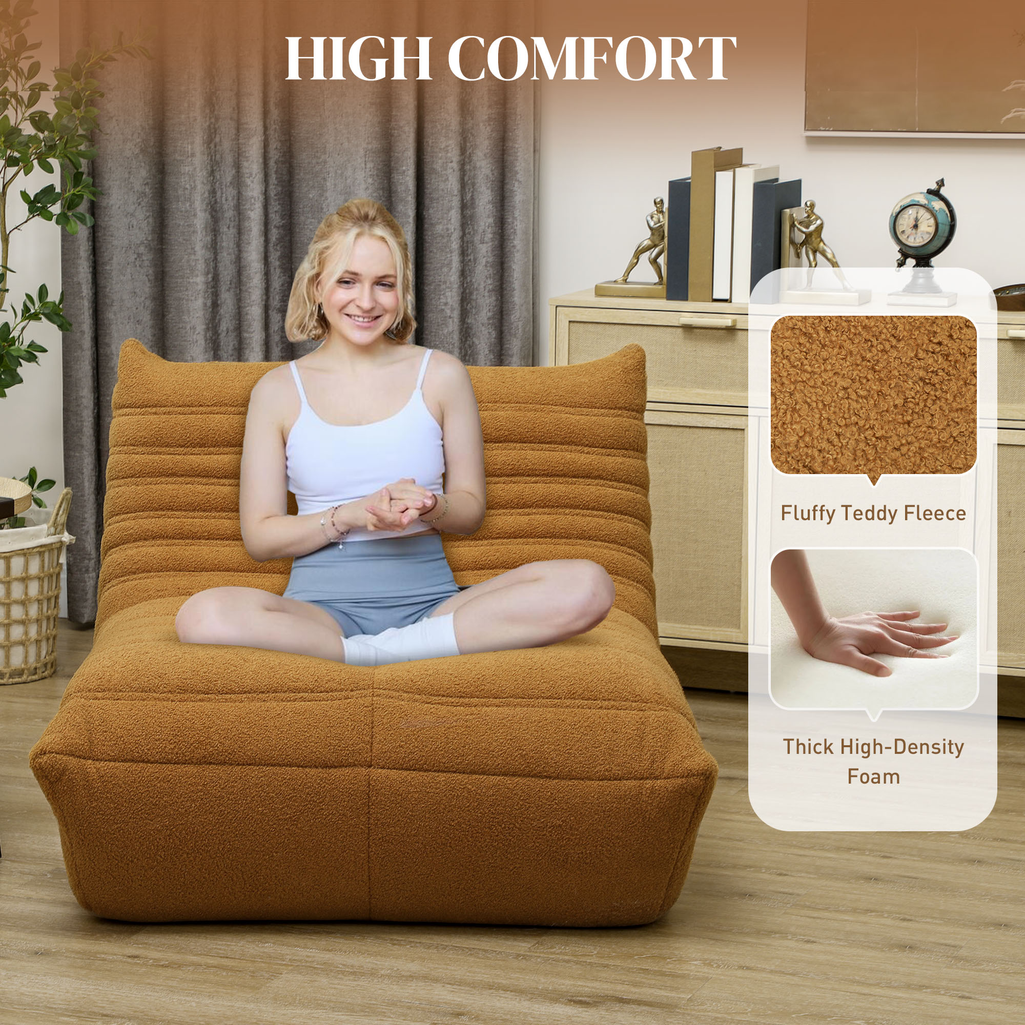 HOMCOM Floor Chair with Back Support, Teddy Fleece Sofa Chair with Channel Tufting, Meditation Chair for Bedroom, Brown 2