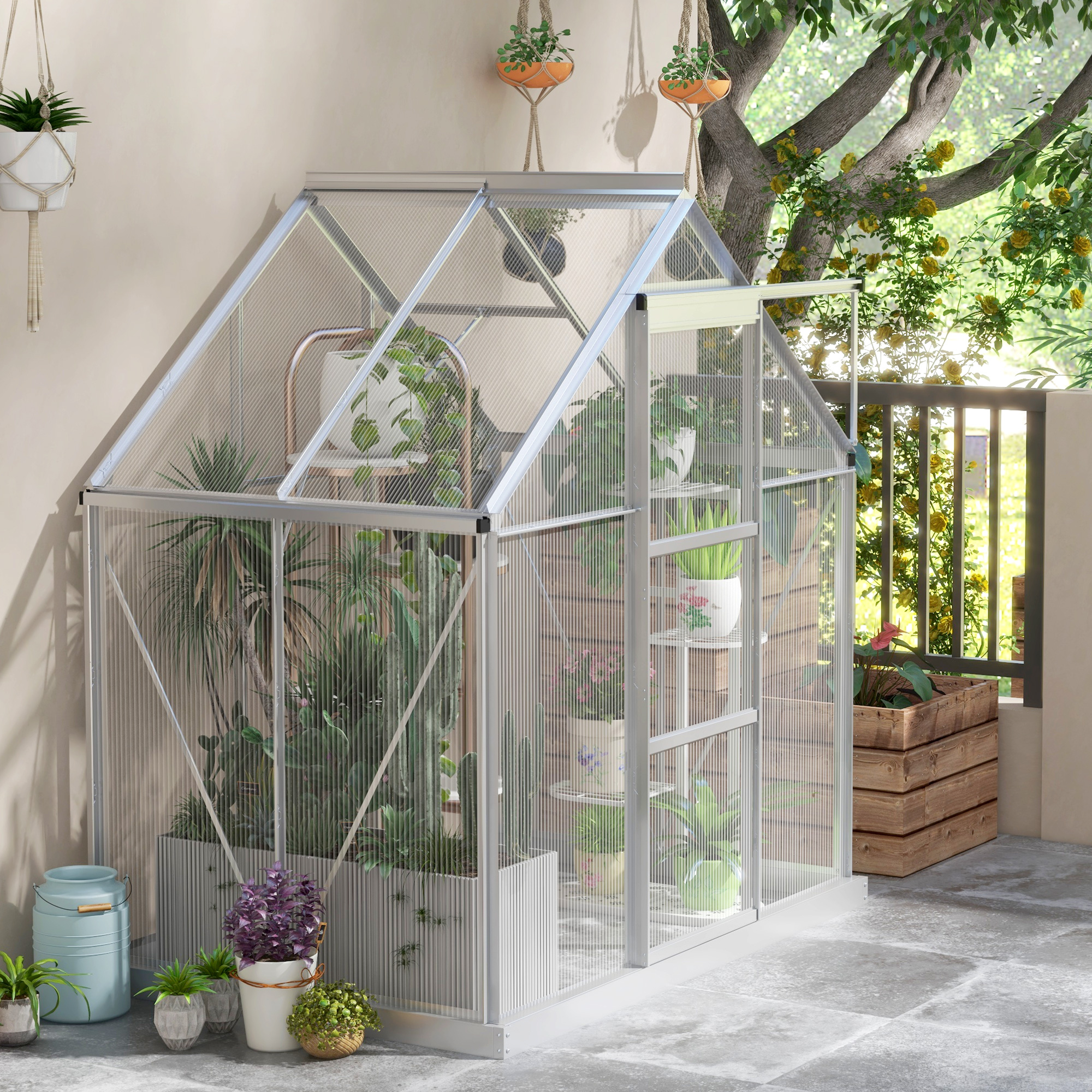 Outsunny 6' x 4' Walk-In Greenhouse with Adjustable Window and Sliding Door, Polycarbonate Aluminium Frame Outdoor Warm House Silver Aosom Canada
