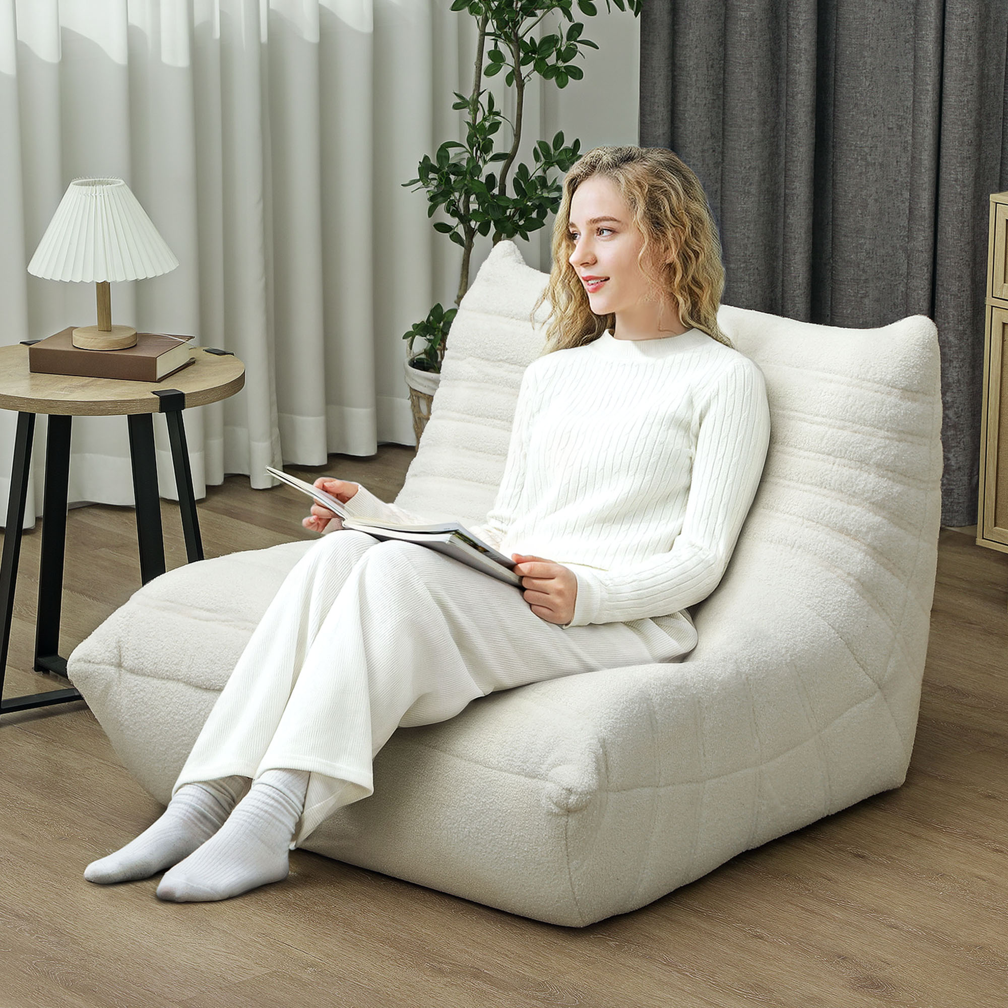 HOMCOM Floor Chair with Back Support, Teddy Fleece Sofa Chair with Channel Tufting, Meditation Chair for Bedroom, Cream White 0