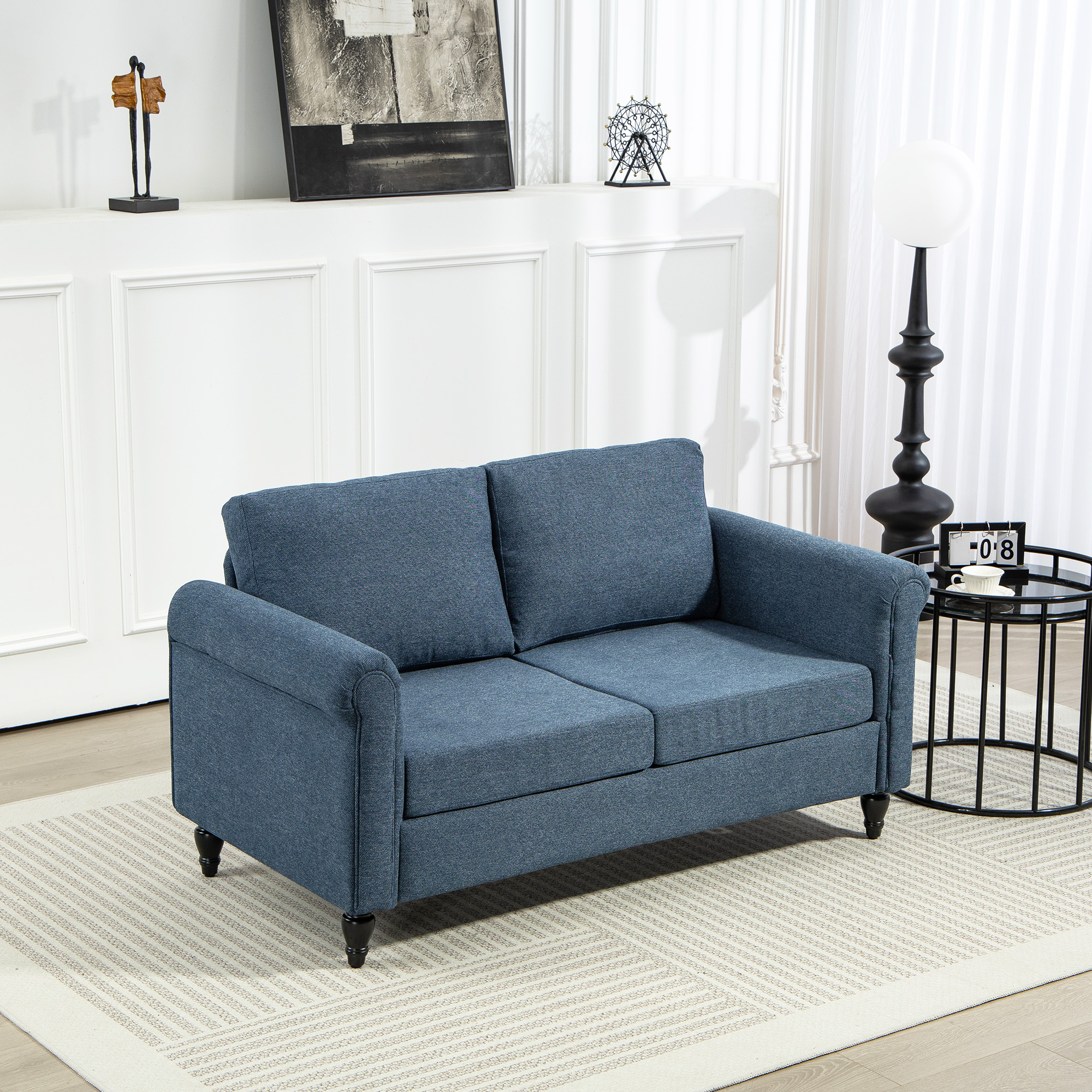 HOMCOM Loveseat with Adjustable Foot Pads, Upholstered 2 Seater Sofa with Rolled Arms, Rubber Wood Legs, Dark Blue Aosom Canada
