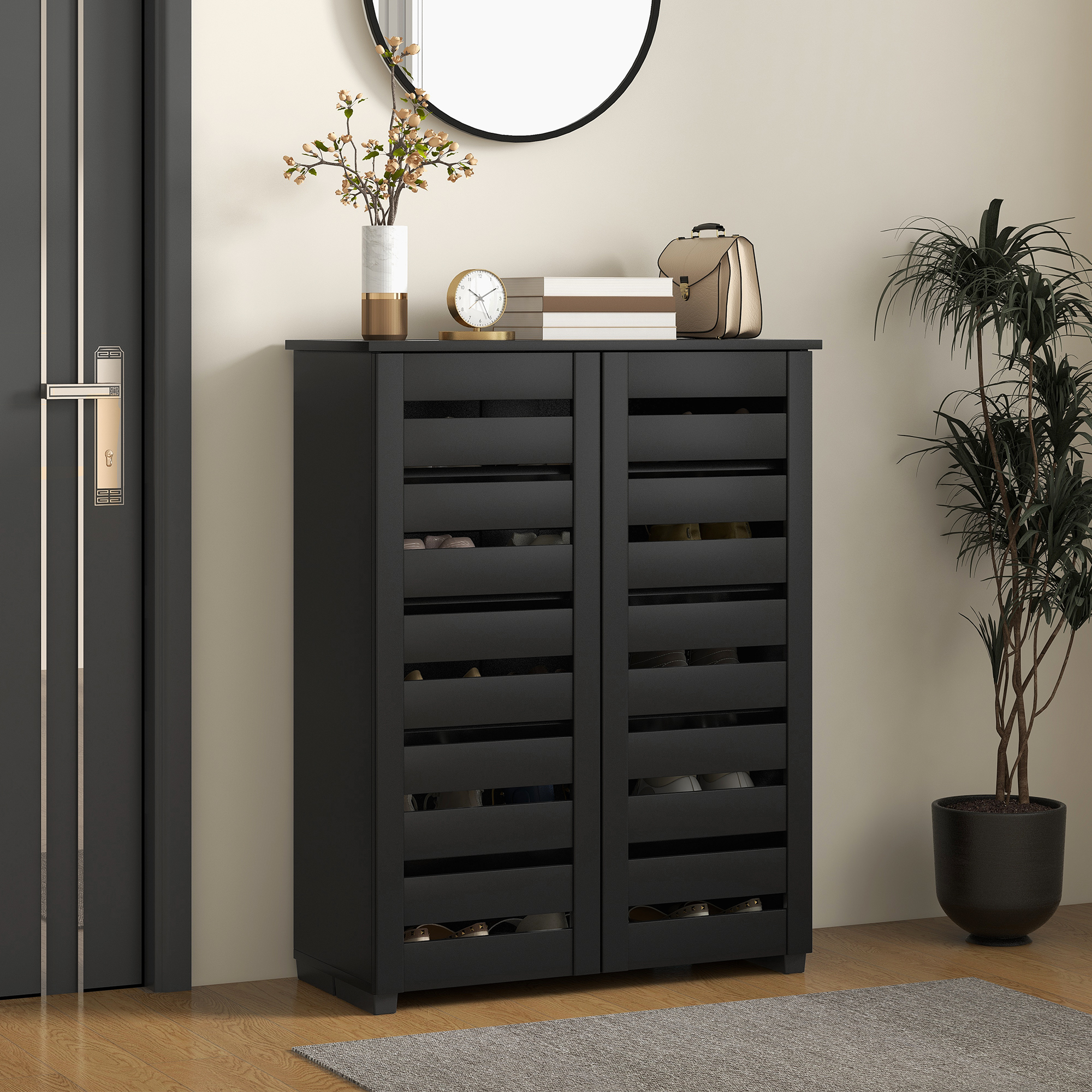 HOMCOM Shoe Storage Cabinet, Shoe Cabinet with 2 Slatted Doors for 15 Pairs of Shoes, Black Aosom Canada