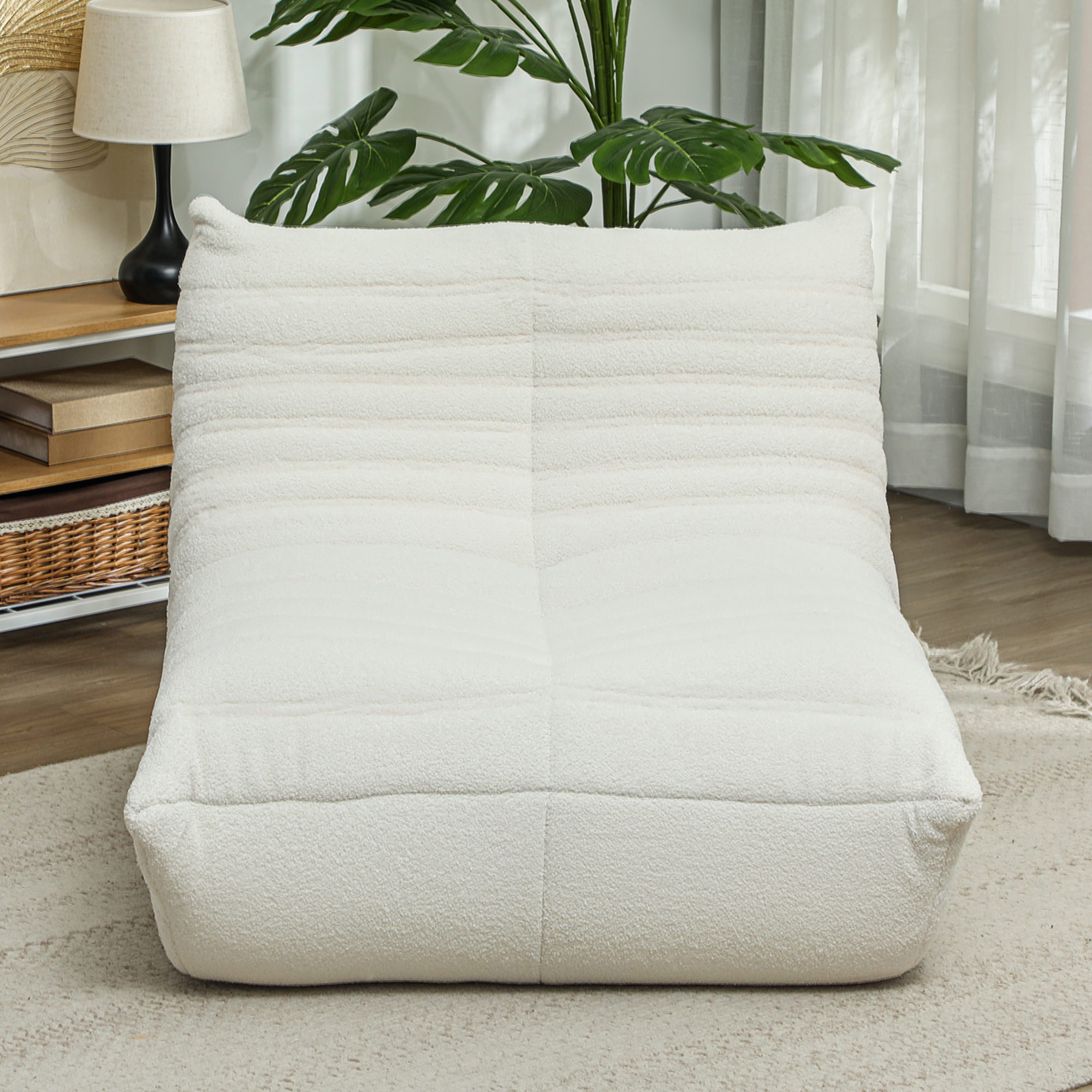 HOMCOM Floor Chair with Back Support, Teddy Fleece Sofa Chair with Channel Tufting, Meditation Chair for Bedroom, Cream White 5