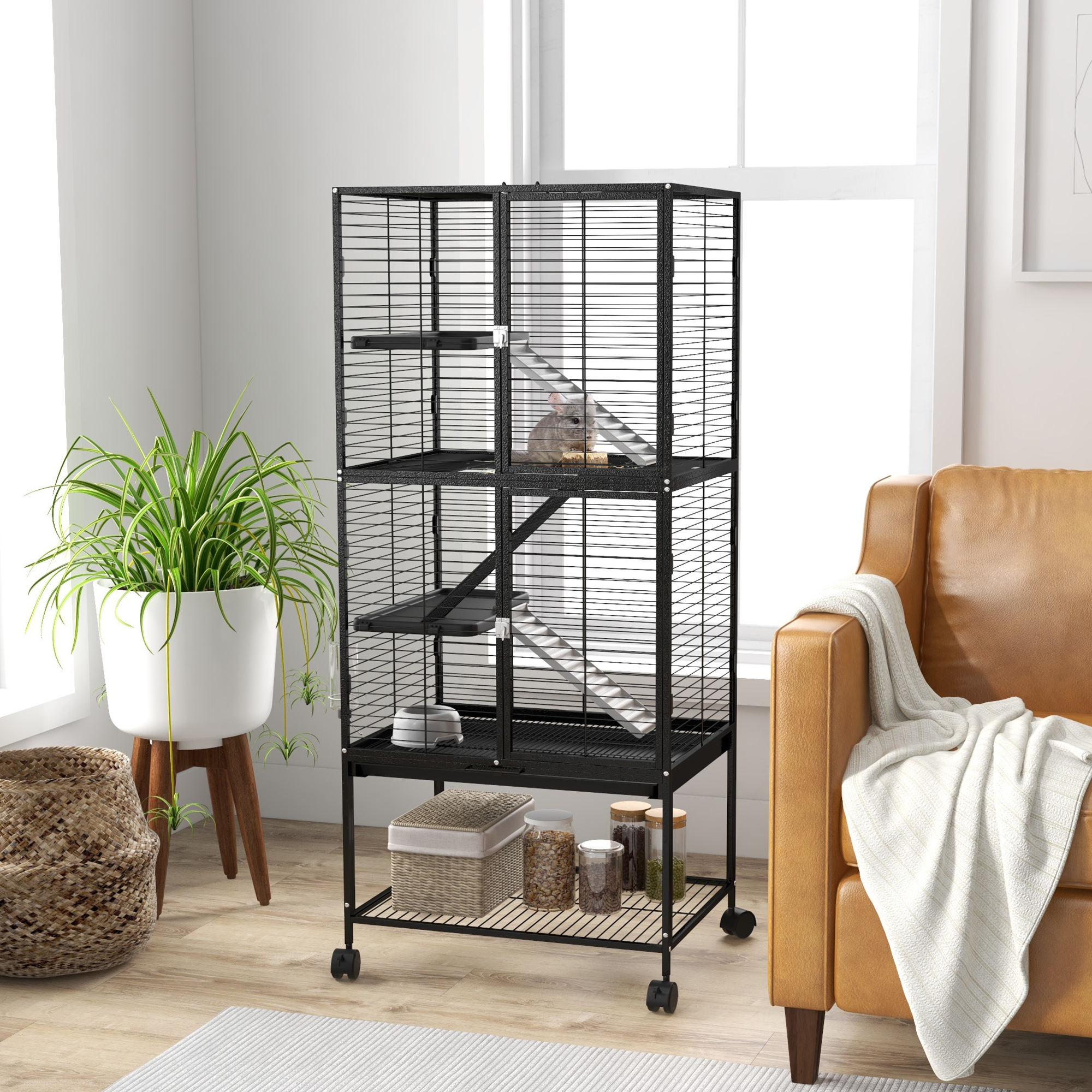 PawHut Rolling Small Animal Cage 53.5"H for Chinchilla Ferrets Squirrels w/ Removable Tray Storage Shelf Black Aosom Canada