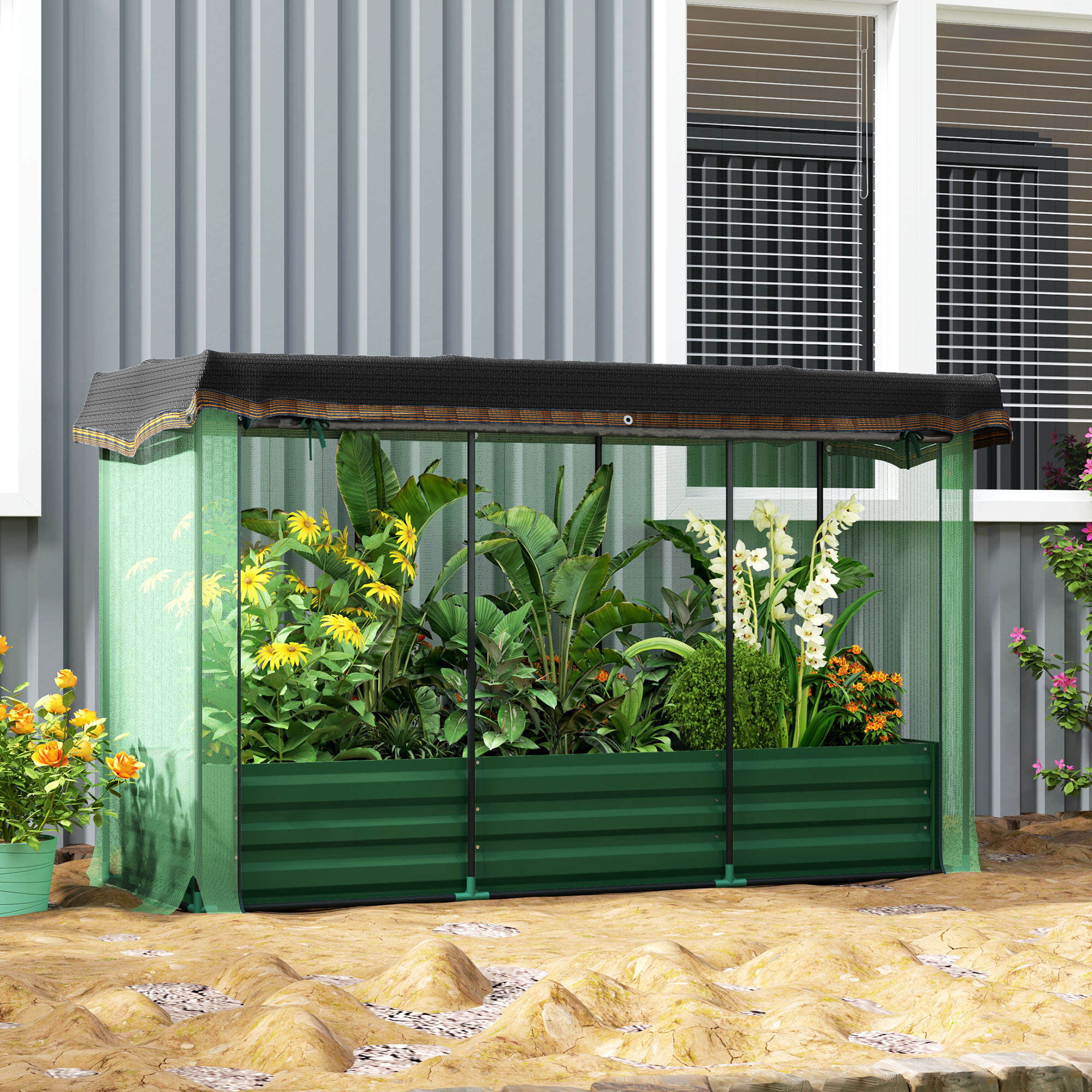 Outsunny Galvanized Steel Planter Box with Crop Cage and Shade Cloth