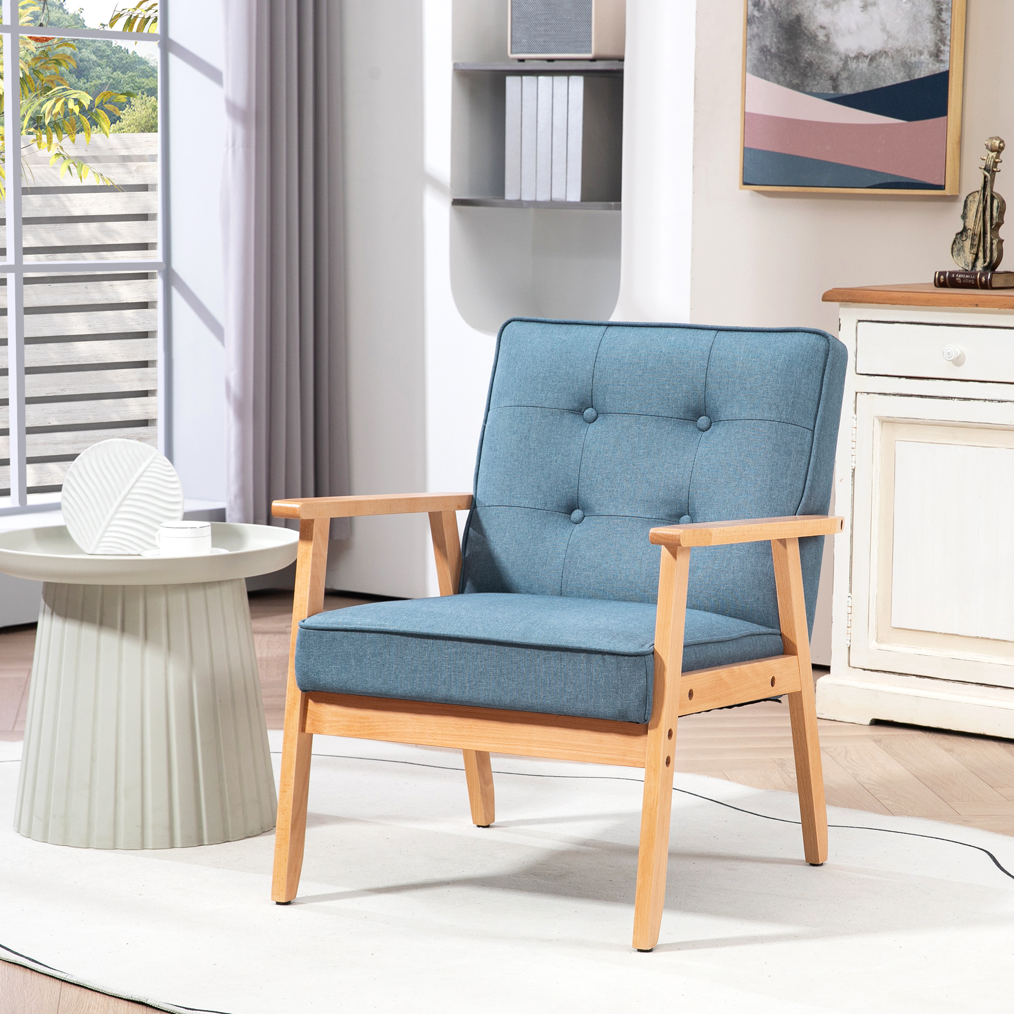 HOMCOM Upholstered Armchair with Tufted Back Wood Legs Thick Padding Armchairs for Living Room Blue Aosom Canada