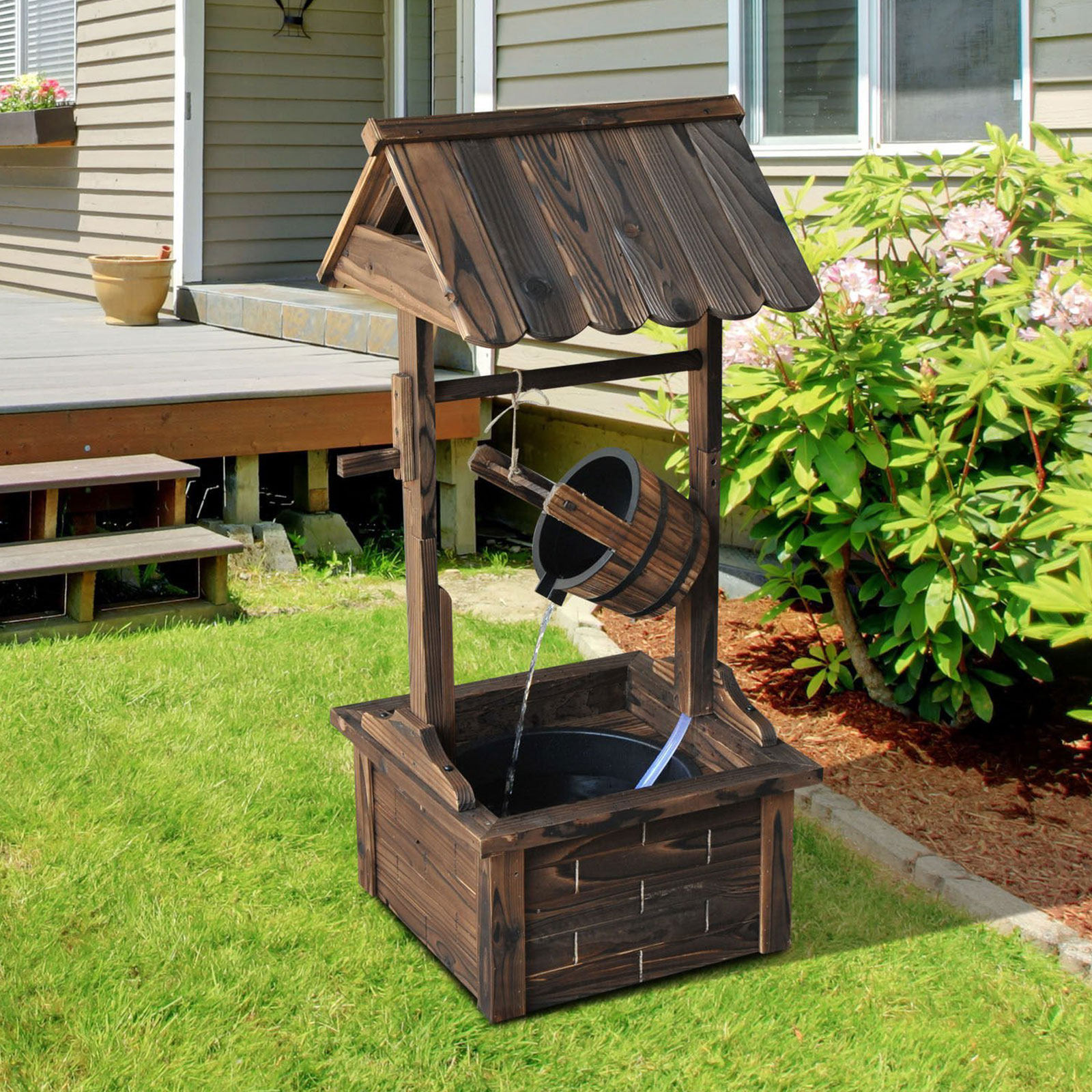 Outsunny Wooden Well Wishing Fountain Outdoor with Electric Pump Water Bucket for Patio Garden Carbonized Aosom Canada
