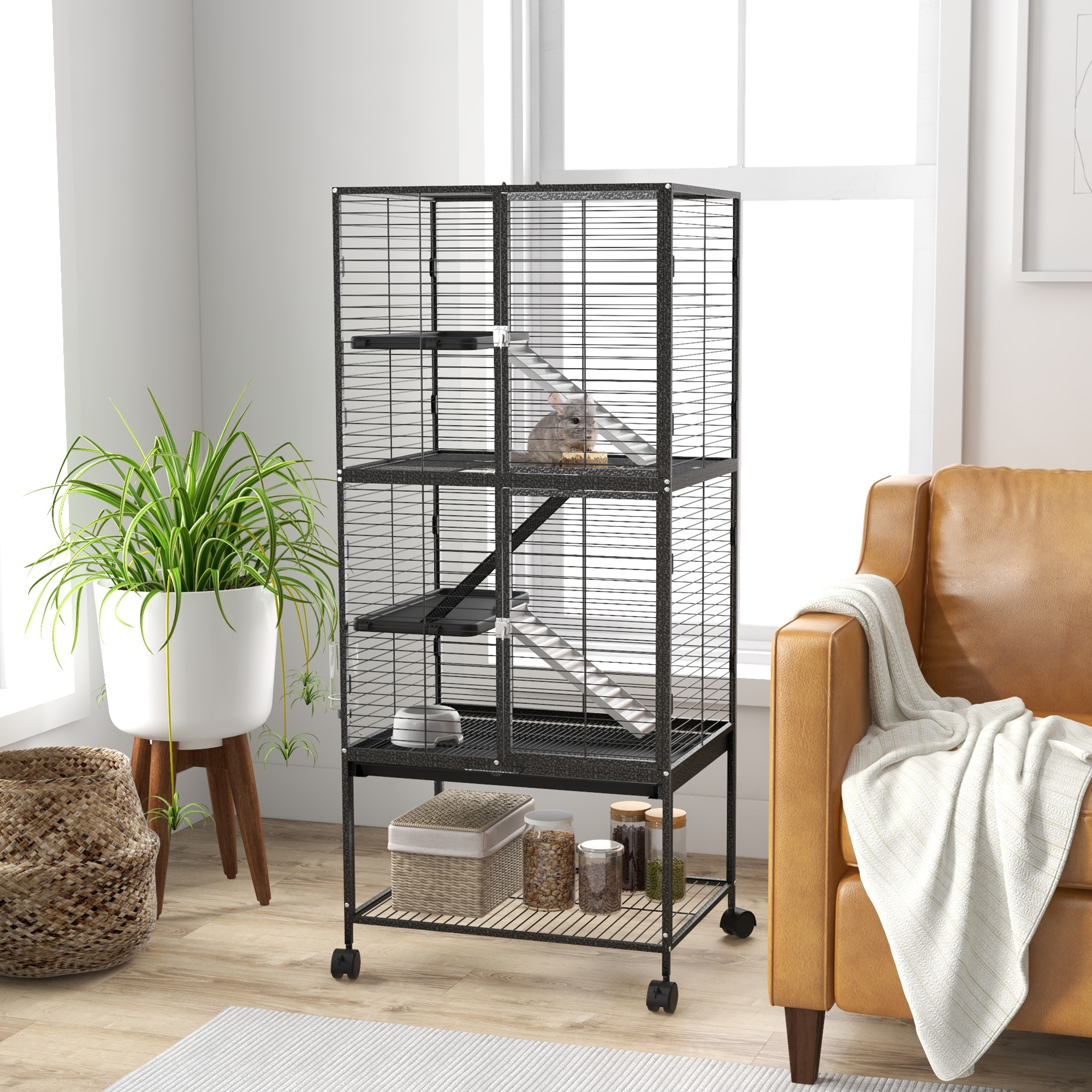 PawHut Rolling Small Animal Cage 53.5"H Chinchilla Cage for Ferrets, Squirrels w/ Removable Tray, Storage Shelf, Dark Grey Aosom Canada