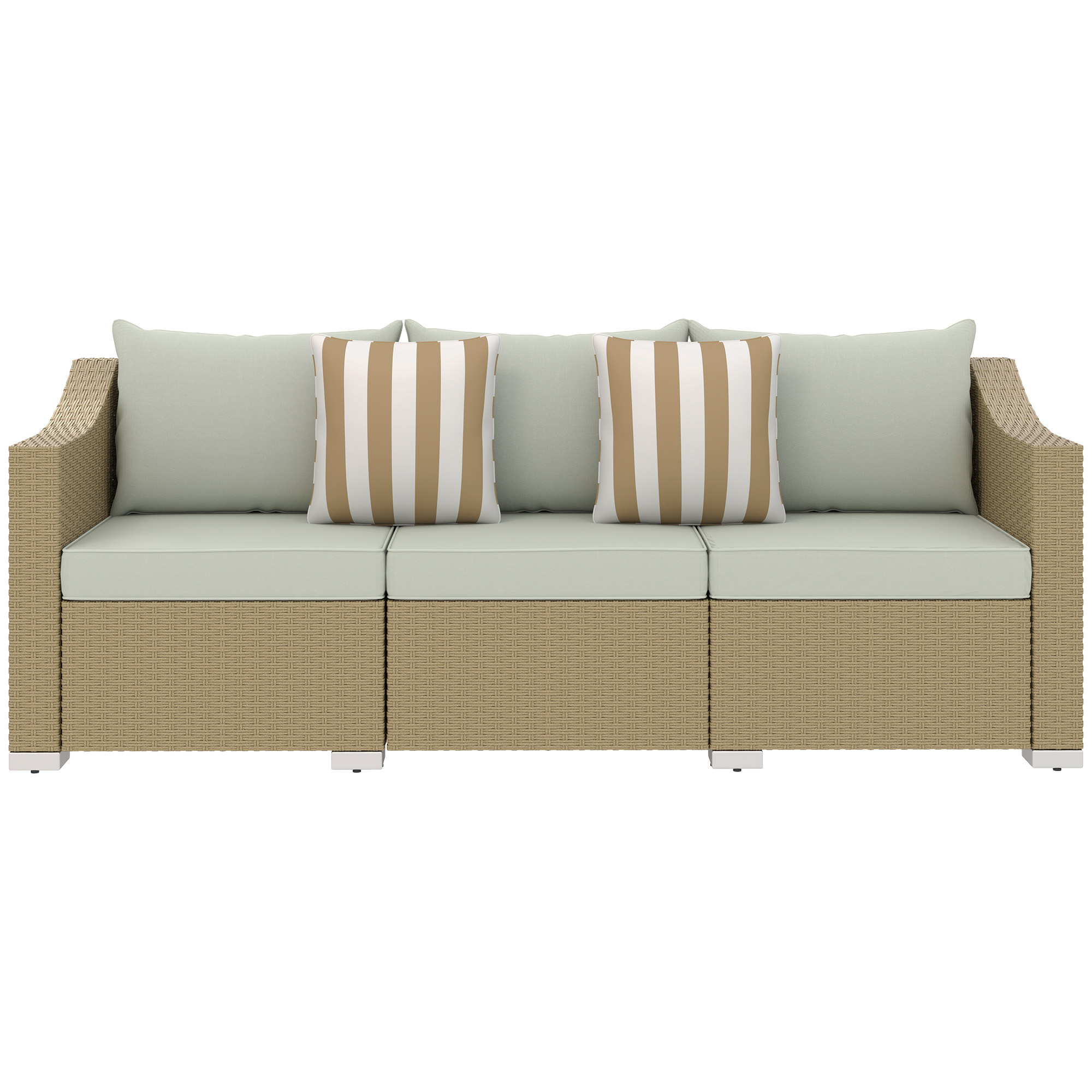Outsunny Rattan Wicker 3 Seater Patio Couch with Cushions, 2 Throw Pillows, Outdoor Furniture Rattan Sofa, Light Gray