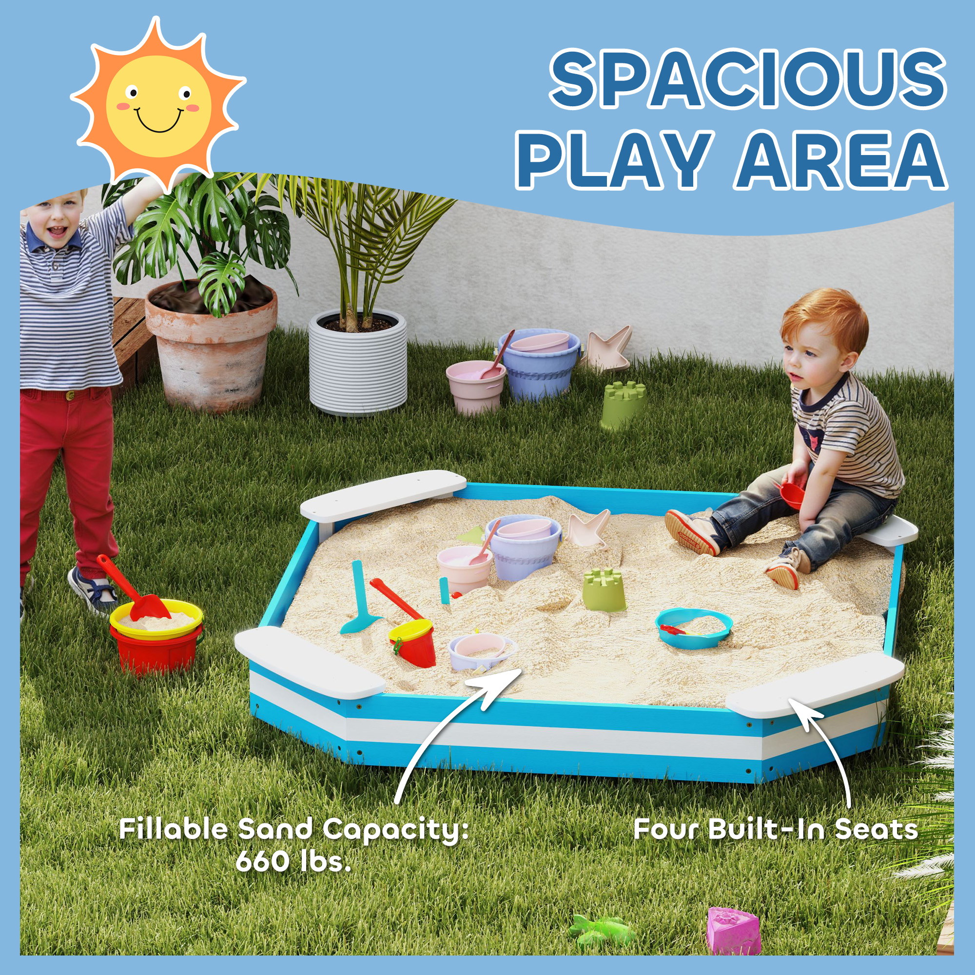 Qaba Kids Sandbox with 4 Corner Seats, Bottom Liner for Backyard