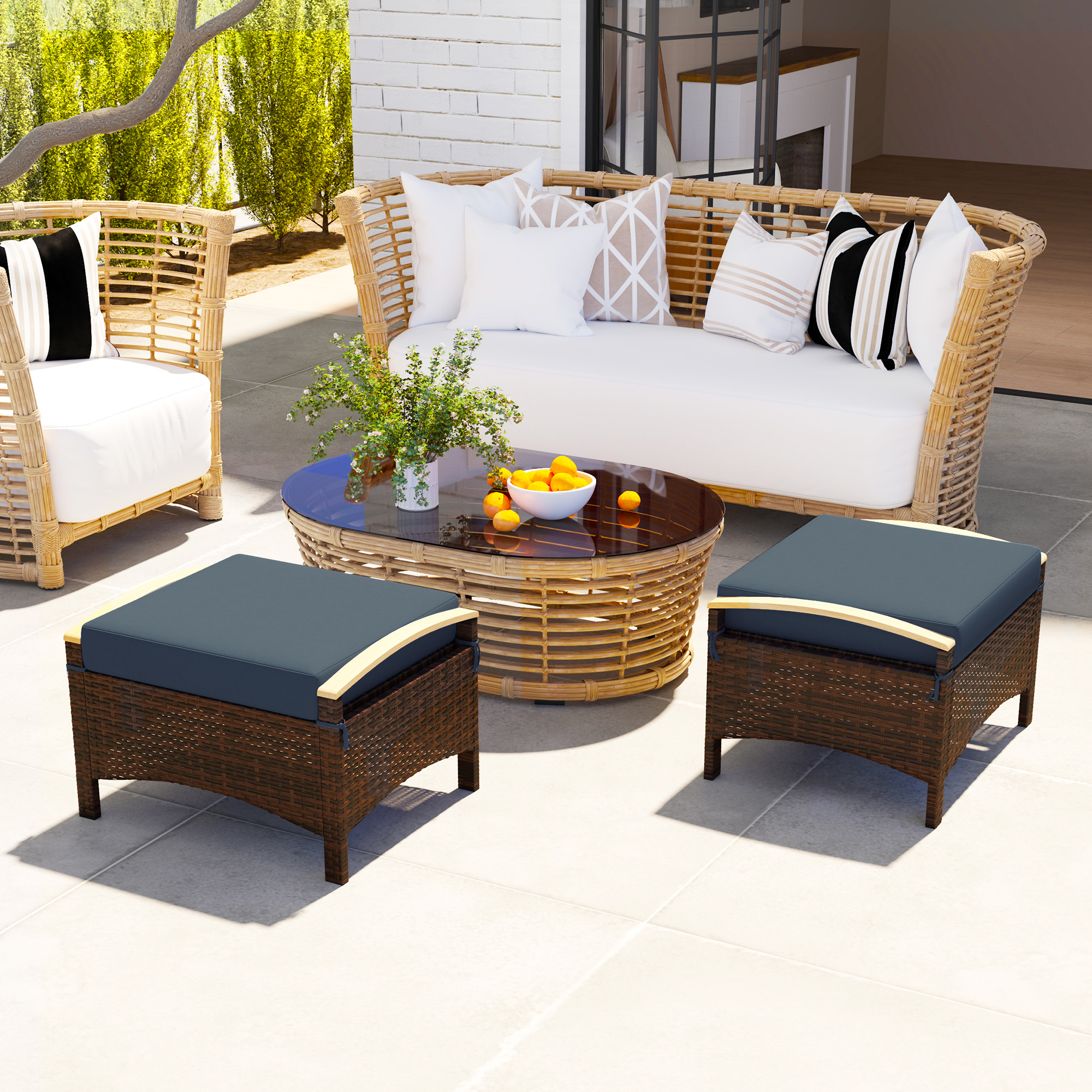 Outsunny 2 Pieces Wicker Outdoor Ottoman with Removable Cushion