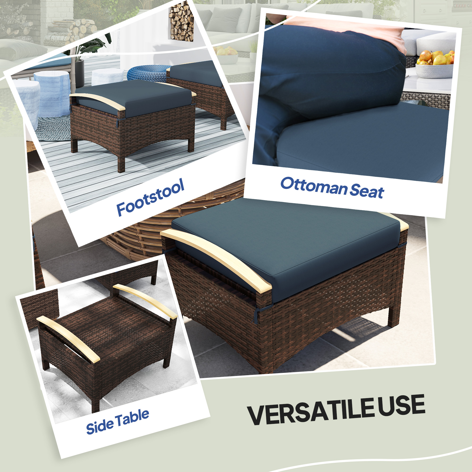 Outsunny 2 Pieces Wicker Outdoor Ottoman with Removable Cushion