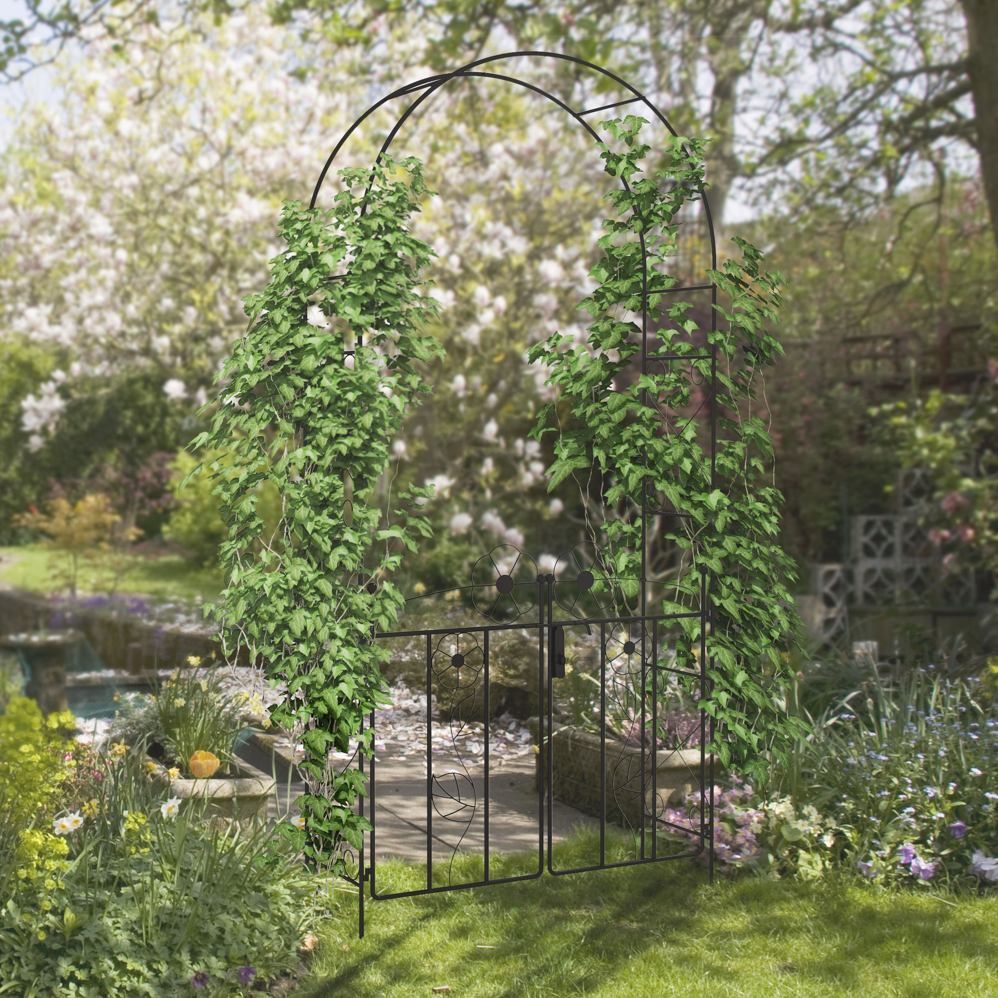 Outsunny 7.5FT Metal Garden Arbor with Double Gate, Arch Trellis for ...