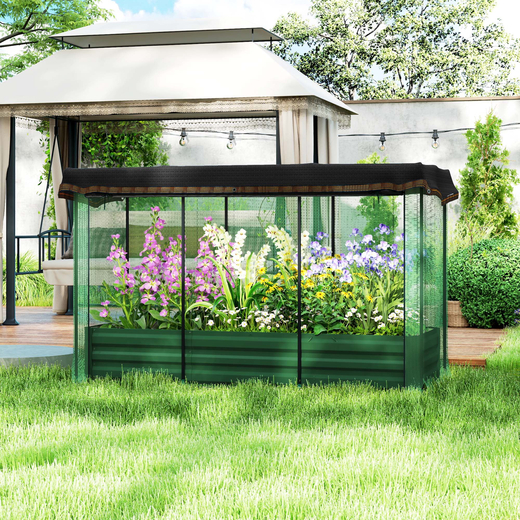 Outsunny Galvanized Steel Planter Box with Crop Cage and Shade Cloth