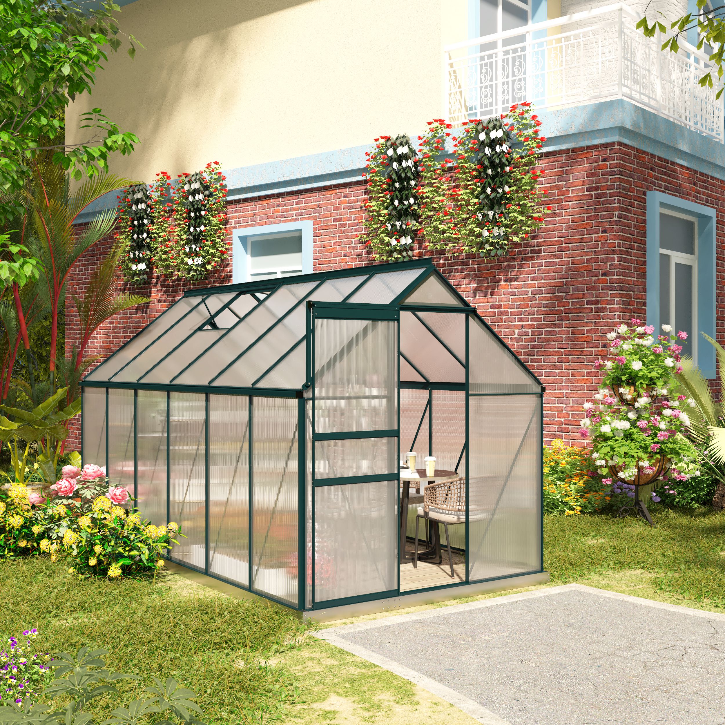 Outsunny 6'x12' Walk In Greenhouse with Adjustable Roof Vent, Polycarbonate Greenhouse with Sliding Door, Rain Gutters Aosom Canada