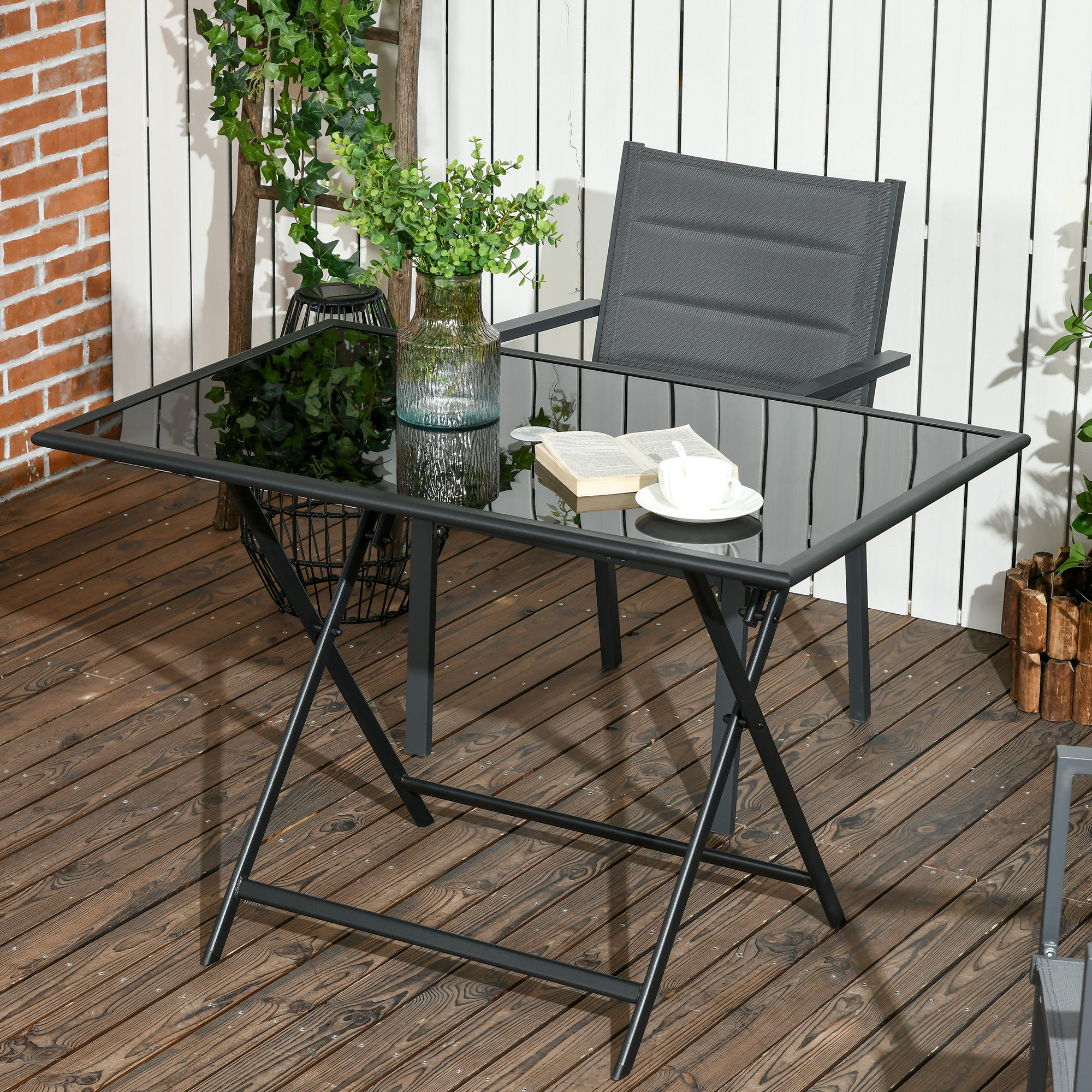 Outsunny Folding Patio Dining Table for 6, Rectangle Glass Outdoor